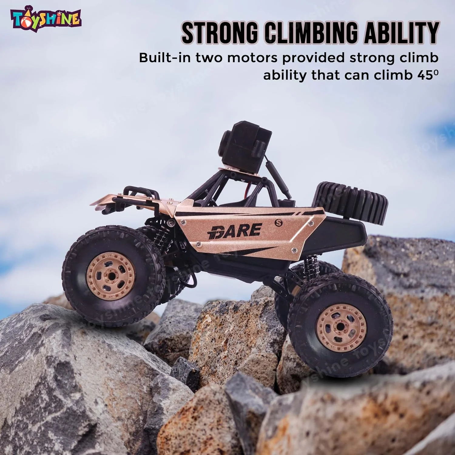 ماشین کنترلی مقیاس 1:18 Toyshine، 2.4 گیگاهرتز، آلیاژی، آفرود، صخره نورد، دارای دوربین وای فای، پایه نگهدارنده موبایل، ماشین مسابقه ای سریع، اسباب بازی سرگرمی الکتریکی برای کودکان و بزرگسالان - طلایی