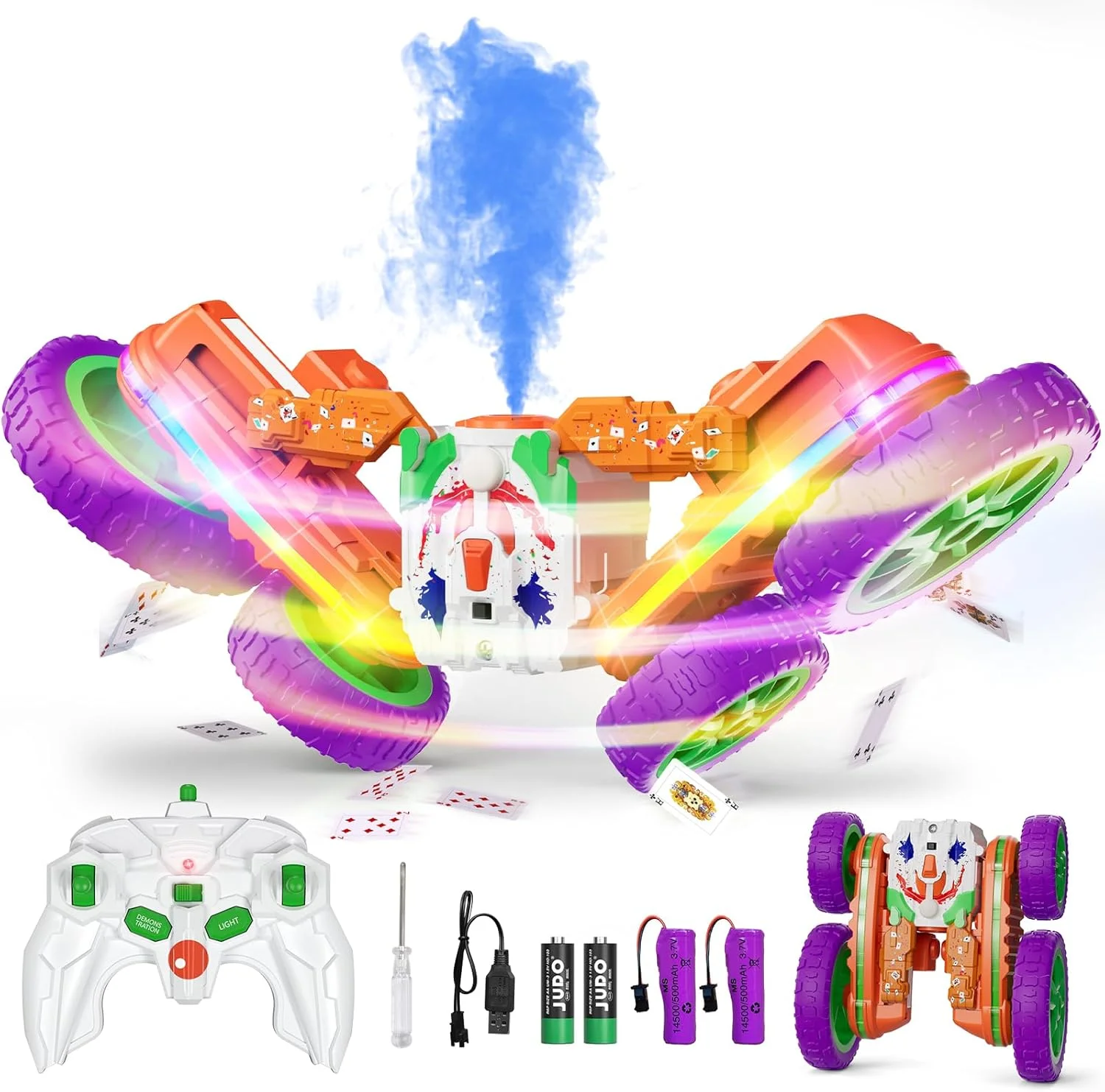 ماشین کنترلی آفرود با افکت اسپری و چراغ - ماشین دریفت مناسب اسباب بازی پسرانه و دخترانه ۴ تا ۱۳ سال (نارنجی)