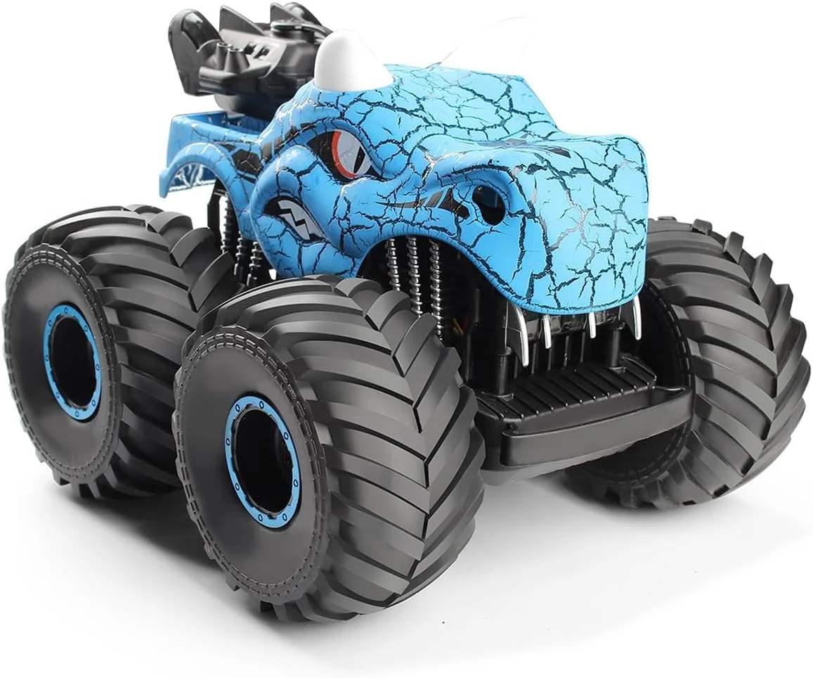 ماشین کنترلی طرح دایناسور Threeking مدل 1:18، اسباب بازی ماشین های کامیون کنترلی 4WD آفرود با چراغ و قابلیت اسپری، مناسب برای تمام سطوح، هدیه برای پسران/دختران 6 سال به بالا، آبی
