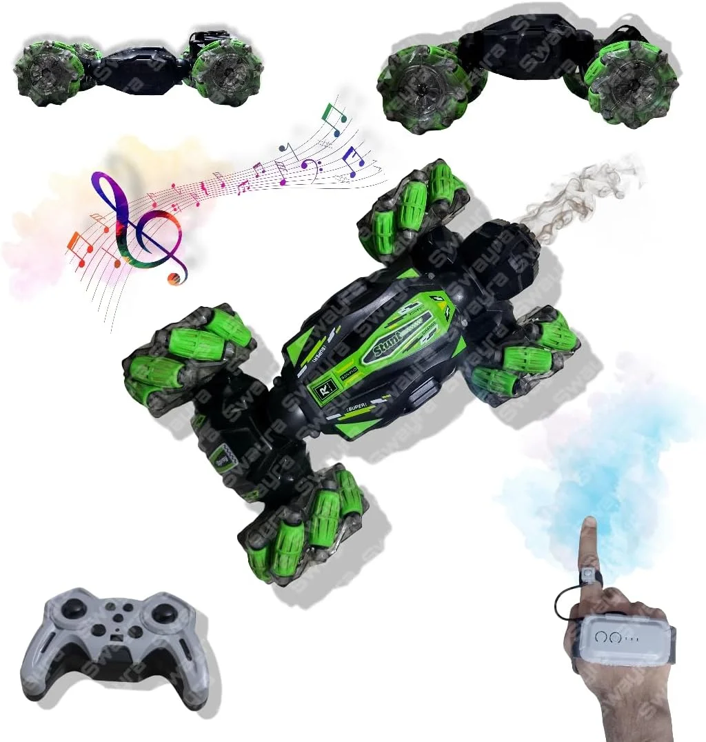 ماشین کنترلی آکروباتیک با کنترل اشاره‌ای، چرخش 360 درجه، چراغ‌های LED، جلوه‌های صوتی و دود، ماشین دو طرفه چرخان مناسب مسیرهای ناهموار (چند رنگ)