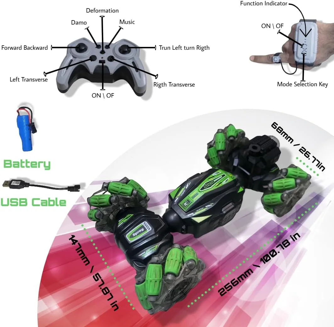 ماشین کنترلی آکروباتیک با کنترل اشاره‌ای، چرخش 360 درجه، چراغ‌های LED، جلوه‌های صوتی و دود، ماشین دو طرفه چرخان مناسب مسیرهای ناهموار (چند رنگ)