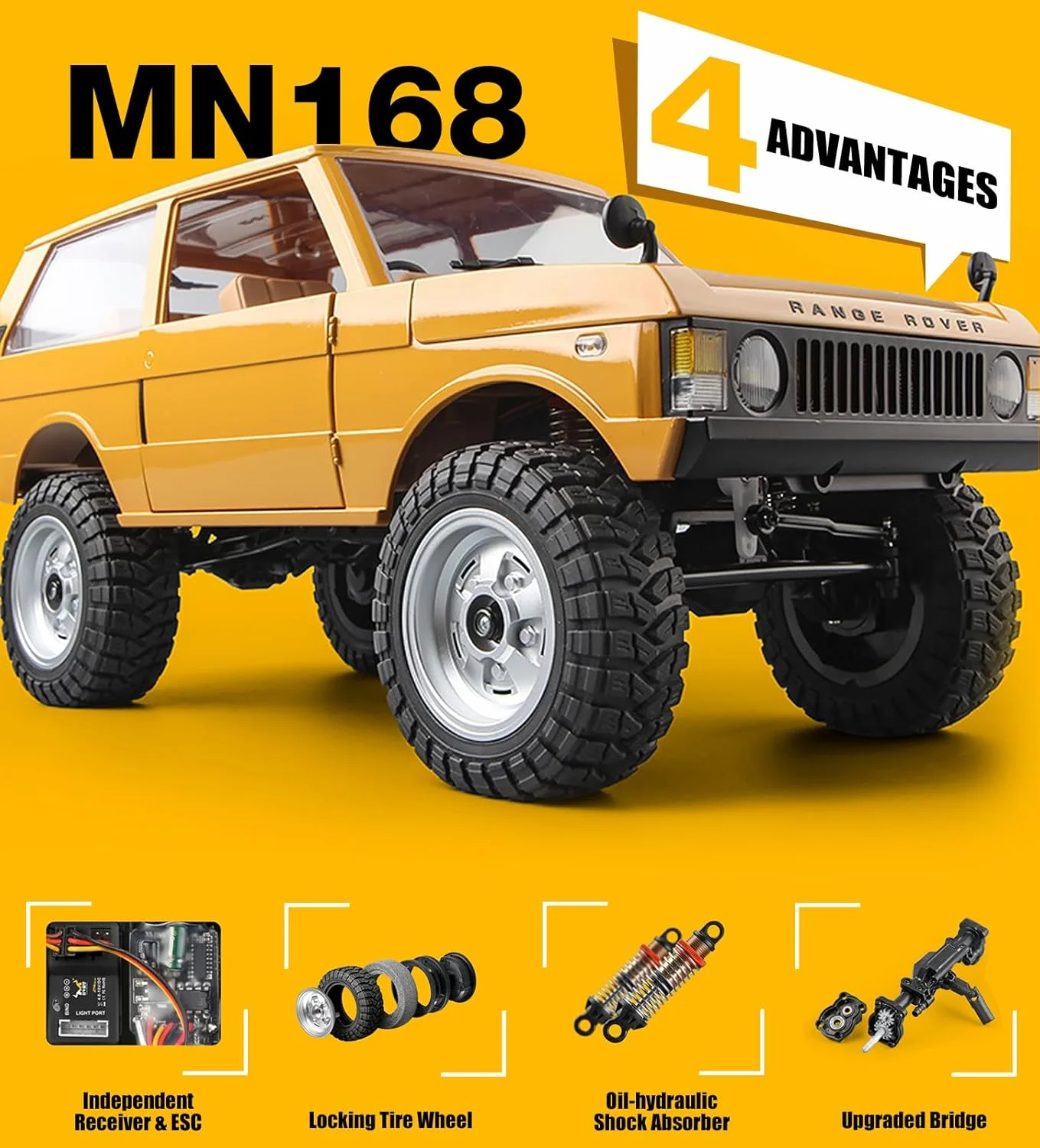MN-168 کرالر آرسی مقیاس 1/12، کامیون آرسی رنجر روور 1970، ماشین آفرود 4x4، خودروهای صخره نورد آرسی 2.4 گیگاهرتز با باتری 7.4 ولت 1200 میلی آمپر ساعت RTR برای اسباب بازی های سرگرمی بزرگسالان (زرد)