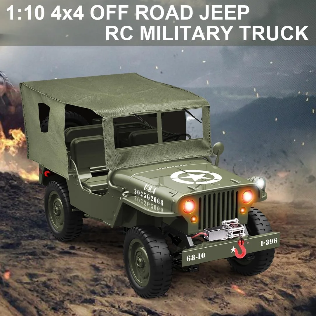 کامیون نظامی آرسی صخره نورد، جیپ نظامی آفرود کنترل از راه دور 4WD مقیاس 1:10 با وینچ، برزنت و 2 باتری، خودروی صخره نوردی ارتشی تمام زمینی 2.4G با چراغ های LED، برای کودکان و بزرگسالان