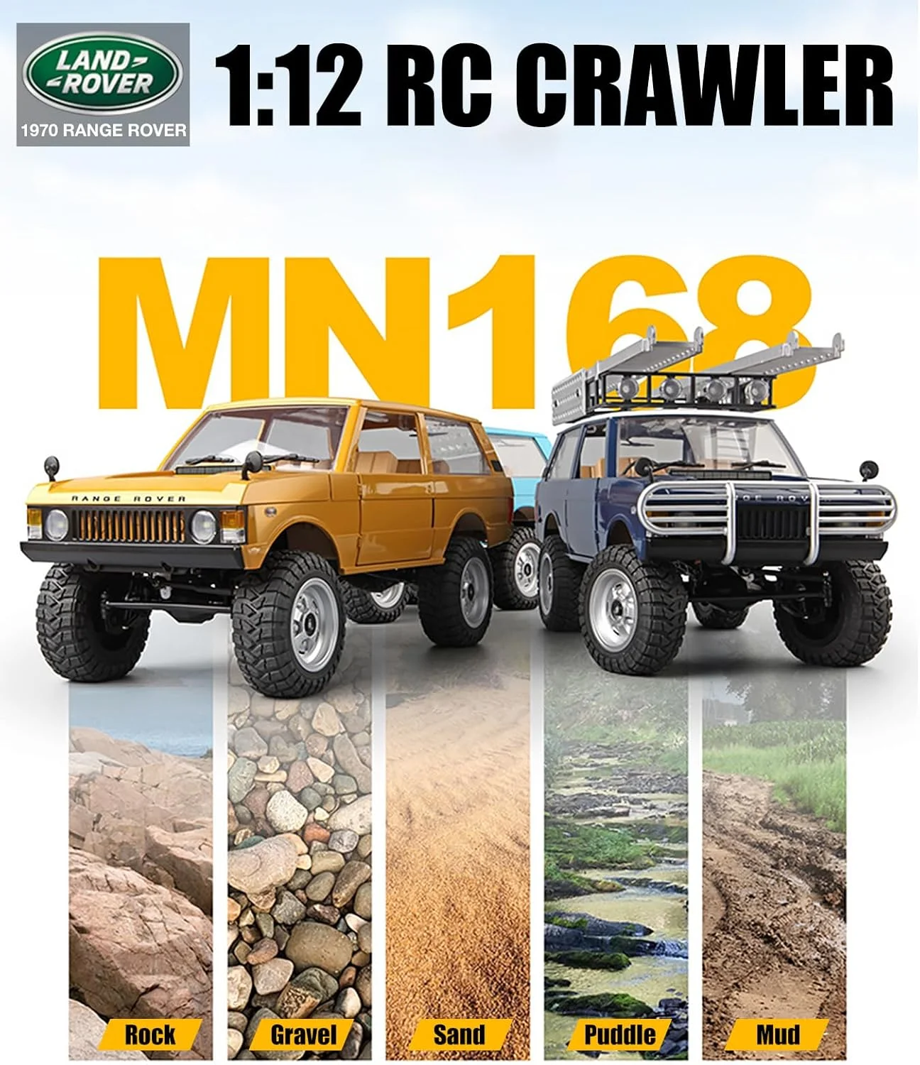MN-168 کرالر آرسی مقیاس 1/12، کامیون آرسی رنجر روور 1970، ماشین آفرود 4x4، خودروهای صخره نورد آرسی 2.4 گیگاهرتز با باتری 7.4 ولت 1200 میلی آمپر ساعت RTR برای اسباب بازی های سرگرمی بزرگسالان (زرد)