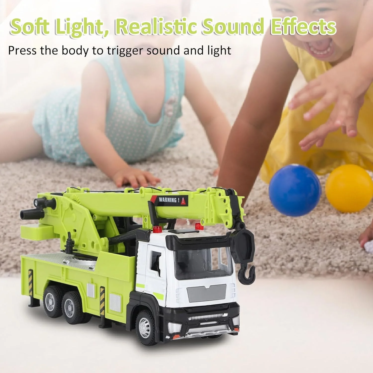 جرثقیل اسباب بازی سوراندی برای پسران، کامیون جرثقیل بزرگ 8.7 اینچی با نیروی اصطکاکی، دارای چراغ و صدا، درهای بازشو، بازوی کشویی، توده ای از الوار، اسباب بازی های کامیون ساختمانی برای کودکان