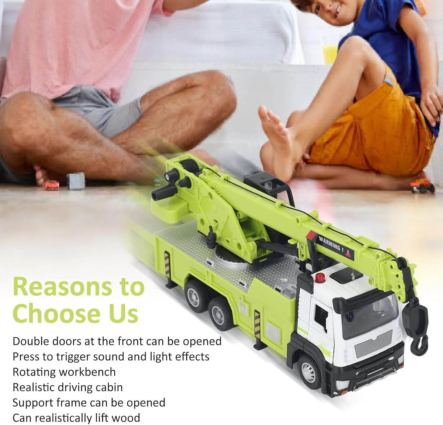 جرثقیل اسباب بازی سوراندی برای پسران، کامیون جرثقیل بزرگ 8.7 اینچی با نیروی اصطکاکی، دارای چراغ و صدا، درهای بازشو، بازوی کشویی، توده ای از الوار، اسباب بازی های کامیون ساختمانی برای کودکان