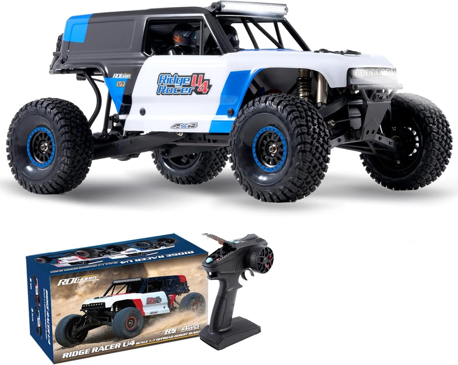 کامیون آرسی صخره نورد Rochobby Ford Bronco 1/7 Ridge Racer U4، کامیون آرسی براشلس 4WD، باگی صحرایی با سرعت بالا 80 کیلومتر در ساعت، صخره نورد آرسی برای بزرگسالان (آبی)