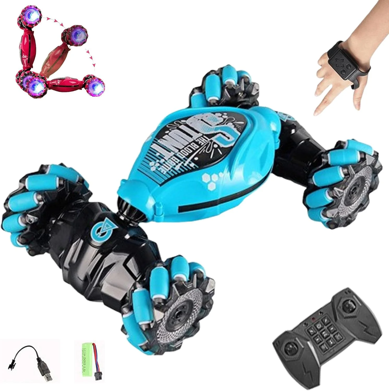 ماشین آرسی شیرم - ماشین بدلکاری آرسی، ماشین بدلکاری با اشاره دست، کنترل از راه دور ارتقا یافته با اشاره و کنترل ساعت، ماشین بدلکاری آرسی با حسگر اشاره با موسیقی نور، ماشین های آرسی دو طرفه با چرخش 360 درجه (آبی)