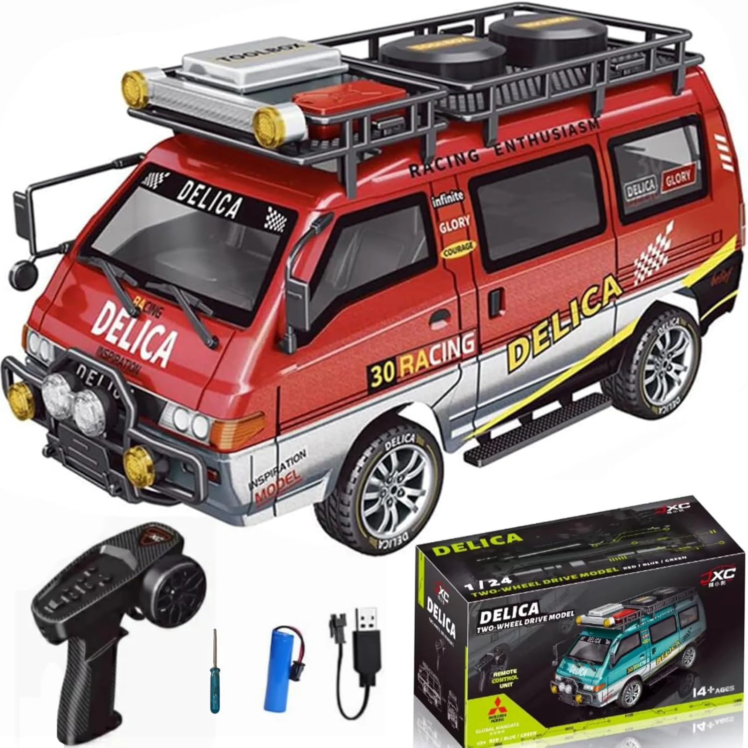 ماشین کنترلی Delica، استیشن واگن مقیاس 1/24، کامیون کنترل از راه دور 2.4 گیگاهرتز، خزنده RC دو/چهار چرخ متحرک، مجهز به چراغ های LED جذاب، مدل ماشین آفرود مناسب برای بزرگسالان (دو چرخ متحرک - قرمز)