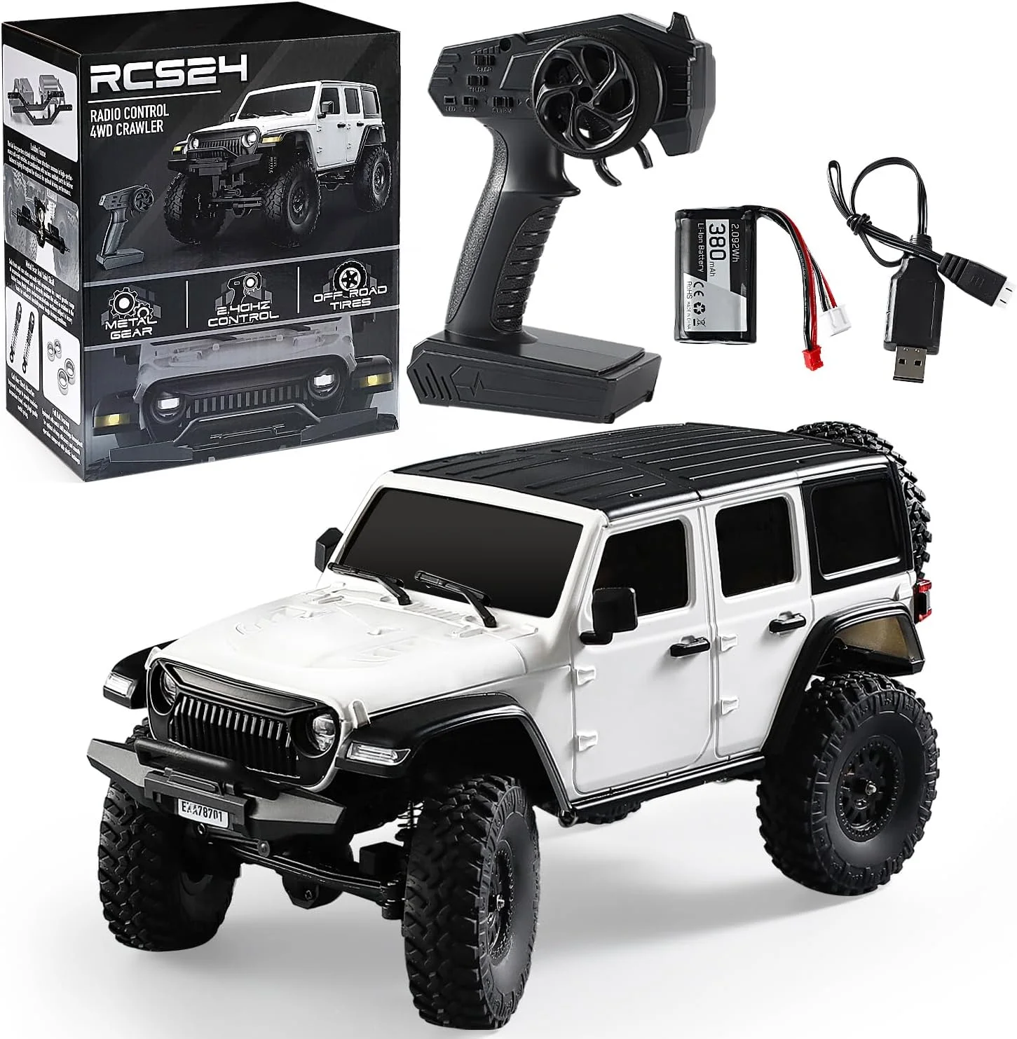 آرسی کرالر 1/24 آرسی راک کرالر 4X4 مانستر تراک آفرود، ماشین های صخره نوردی با چراغ جلوی روشن، ضد آب 2.4 گیگاهرتز، ماشین کنترلی از راه دور RTR برای بزرگسالان، ماشین آرسی مناسب تمام سطوح - سفید