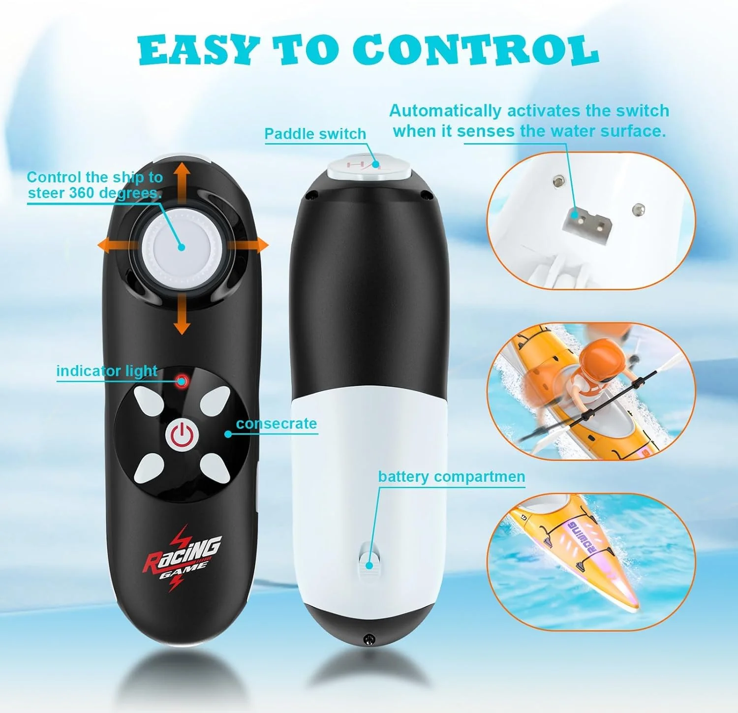 قایق های کنترلی با چراغ LED برای کودکان، قایق کنترلی 2.4 گیگاهرتزی برای پسران، قایق های اسباب بازی برای استخر و دریاچه ها، اسباب بازی های جالب استخری هدیه برای کودکان 8-12 سال، بازیابی واژگونی (نارنجی)