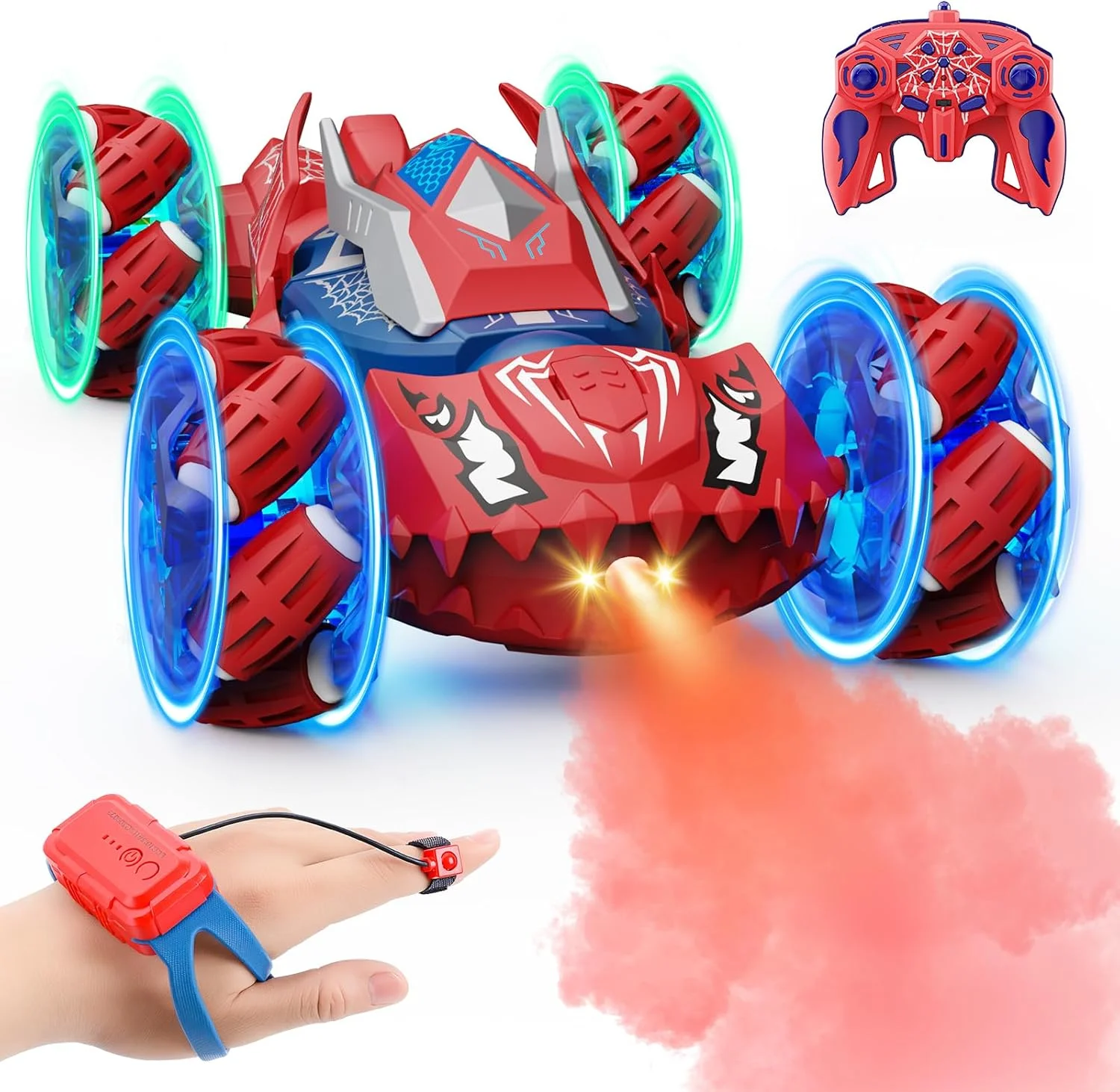 ماشین کنترلی اسباب بازی پسرانه: ماشین های آرسی با قابلیت چرخش 360 درجه، دو طرفه، 4WD، قابلیت تبدیل برای دریفت و حرکات نمایشی با کنترل از راه دور و حرکات دست، مناسب برای کودکان 6، 7، 8، 9، 10، 11 و 12 ساله (قرمز)