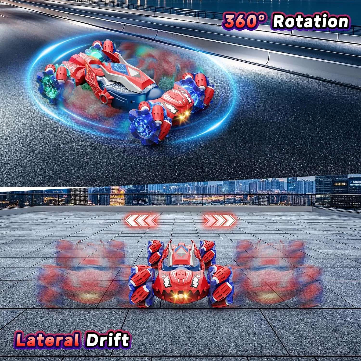 ماشین کنترلی اسباب بازی پسرانه: ماشین های آرسی با قابلیت چرخش 360 درجه، دو طرفه، 4WD، قابلیت تبدیل برای دریفت و حرکات نمایشی با کنترل از راه دور و حرکات دست، مناسب برای کودکان 6، 7، 8، 9، 10، 11 و 12 ساله (قرمز)