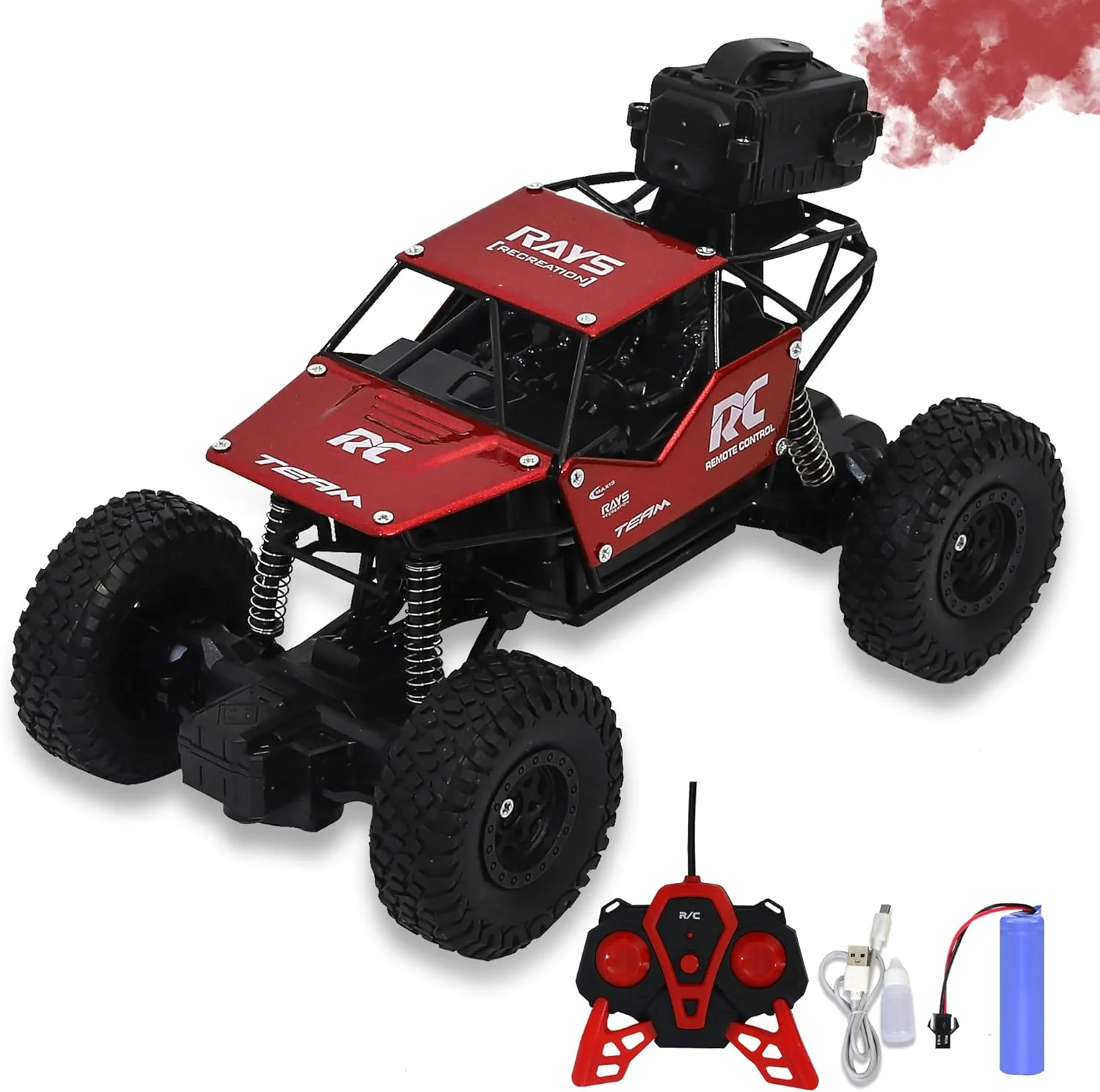 ماشین کنترلی فلزی سنگین برای کودکان با افکت دود مه، کامیون هیولا 4WD صخره نورد، ماشین اسباب بازی کنترلی برای پسران و دختران - قرمز