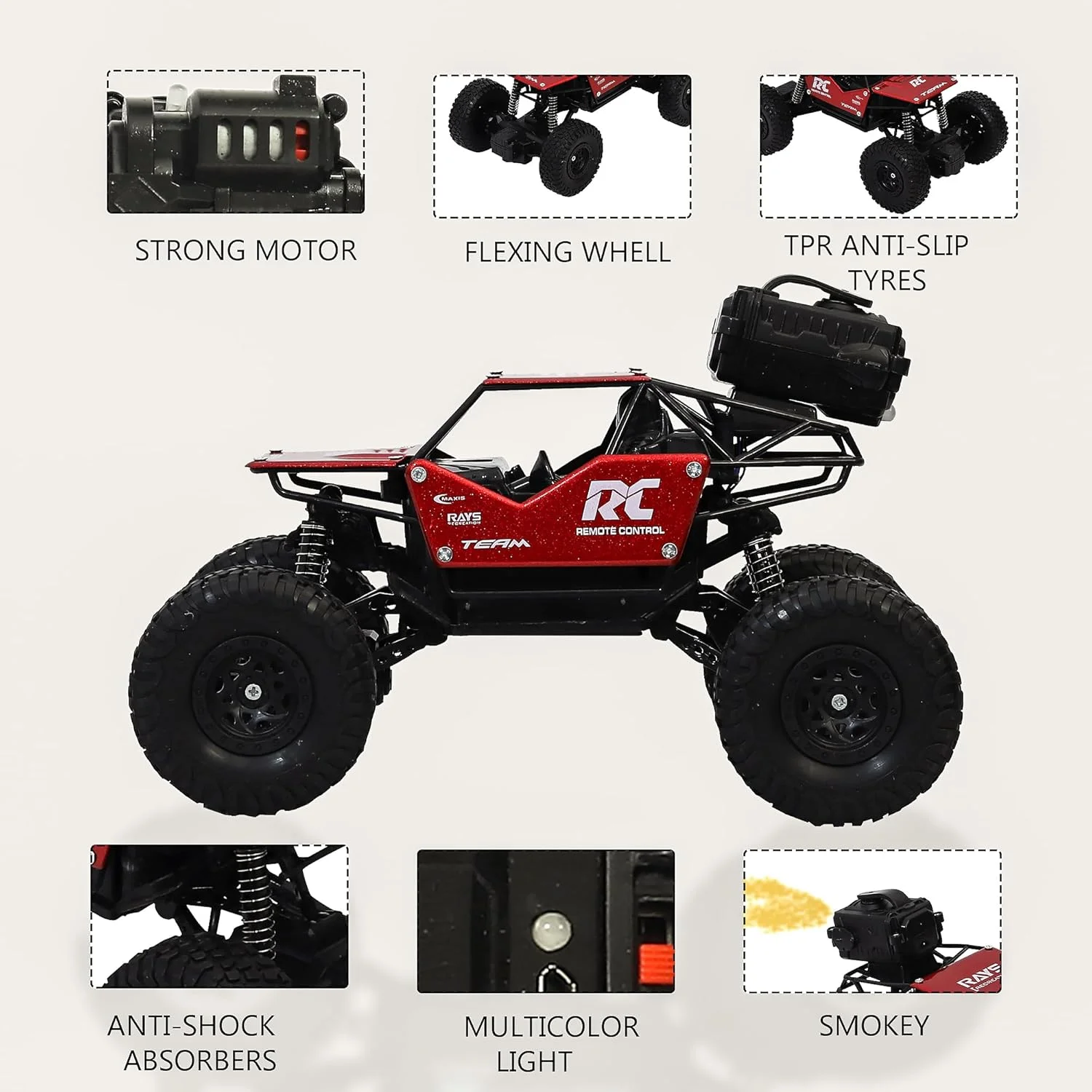 ماشین کنترلی فلزی سنگین برای کودکان با افکت دود مه، کامیون هیولا 4WD صخره نورد، ماشین اسباب بازی کنترلی برای پسران و دختران - قرمز