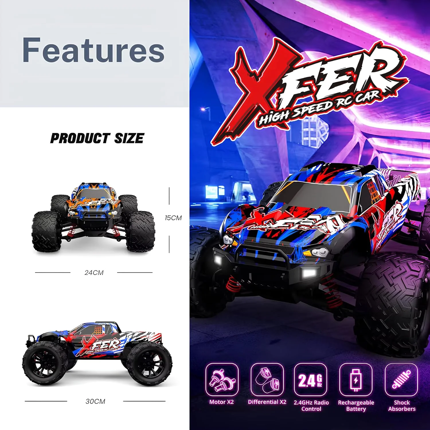 ماشین کنترلی از راه دور مناسب تمام سطوح – سرعت بالای 40 کیلومتر در ساعت – ماشین دریفت سریع – ماشین الکتریکی 4x4 مناسب کودکان، نوجوانان و بزرگسالان – باگی تراک غول پیکر 1/18