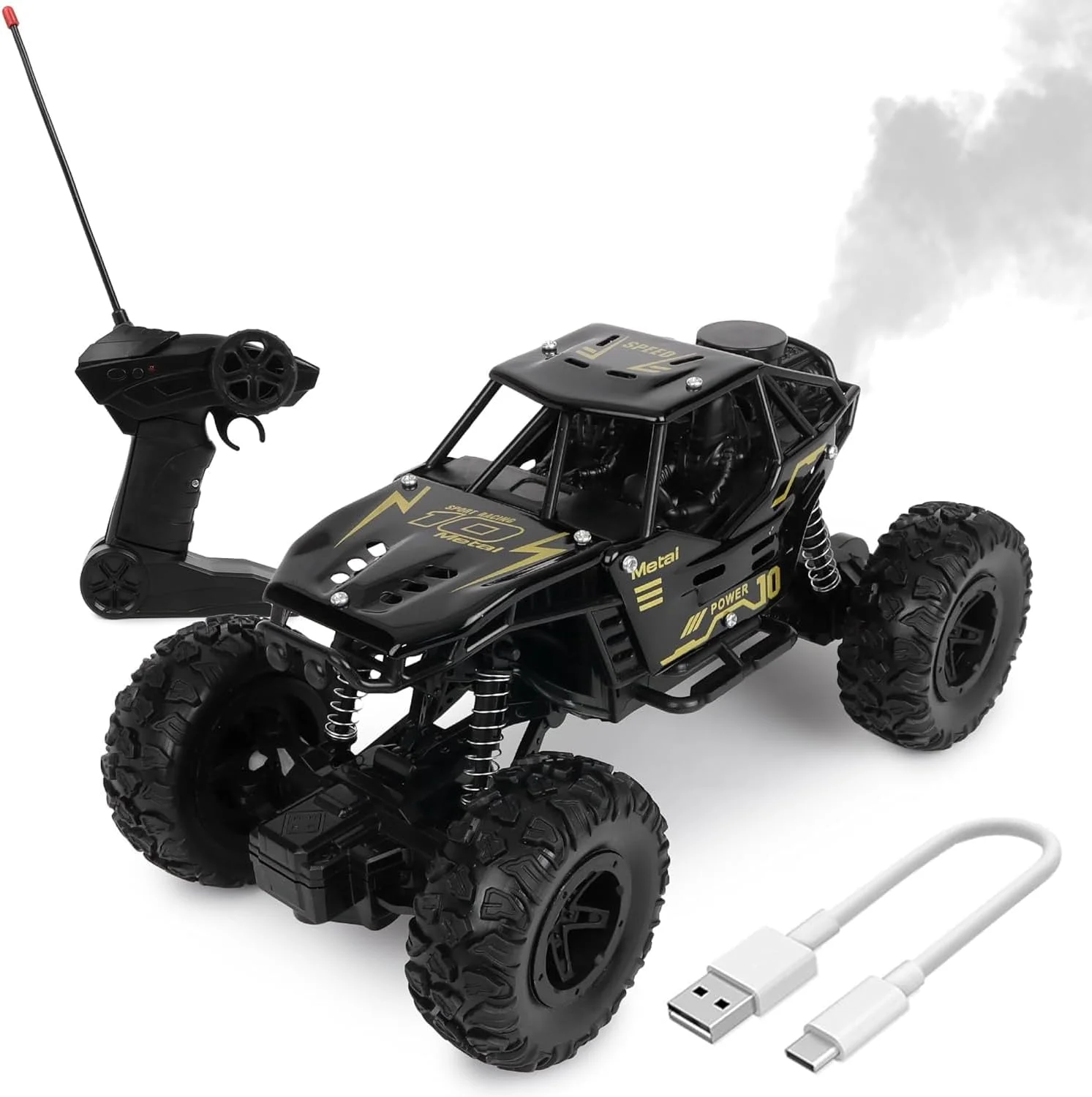 ماشین کنترلی غول پیکر، ماشین آرسی چهار چرخ محرک آفرود با افکت دود، شارژ USB، مشکی