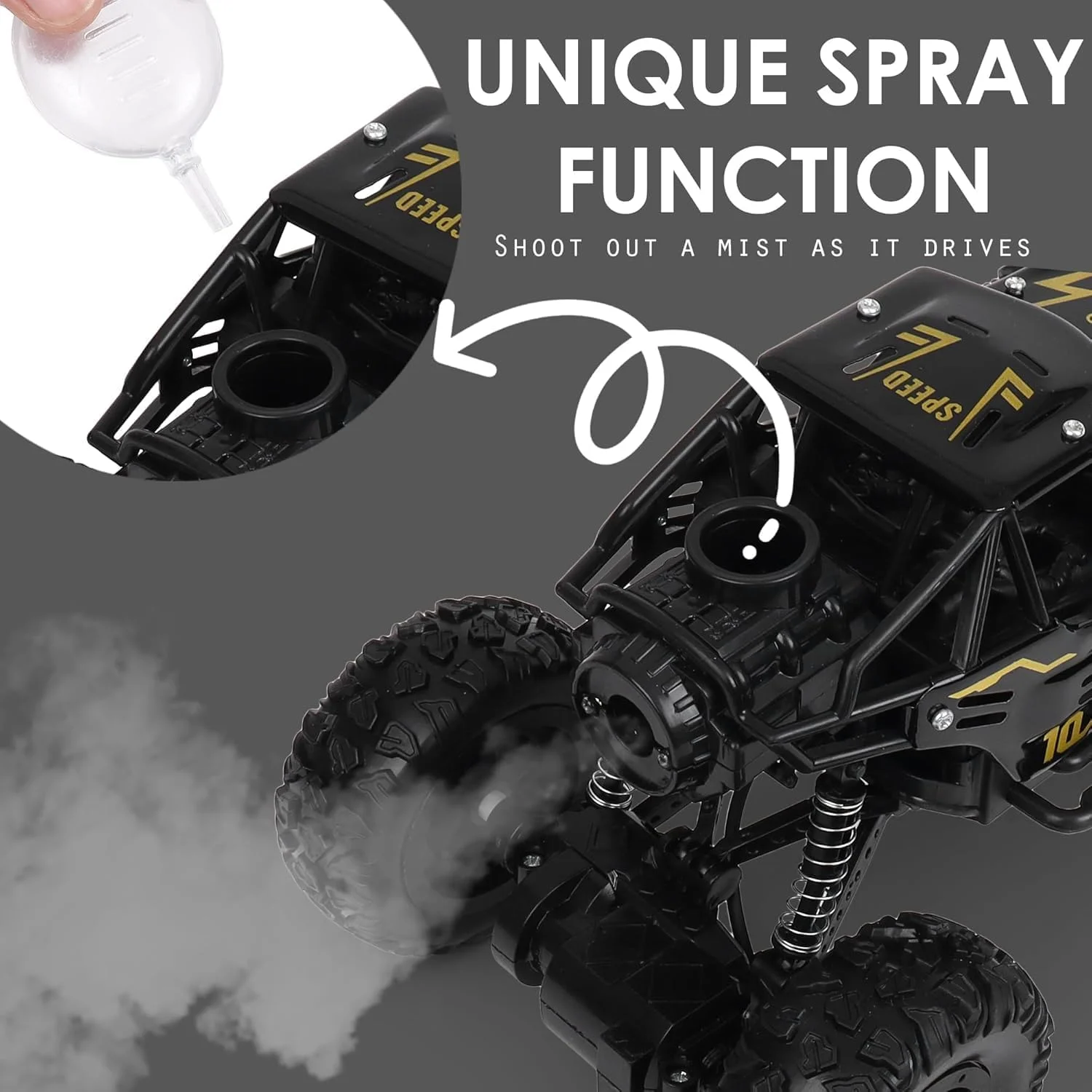 ماشین کنترلی غول پیکر، ماشین آرسی چهار چرخ محرک آفرود با افکت دود، شارژ USB، مشکی