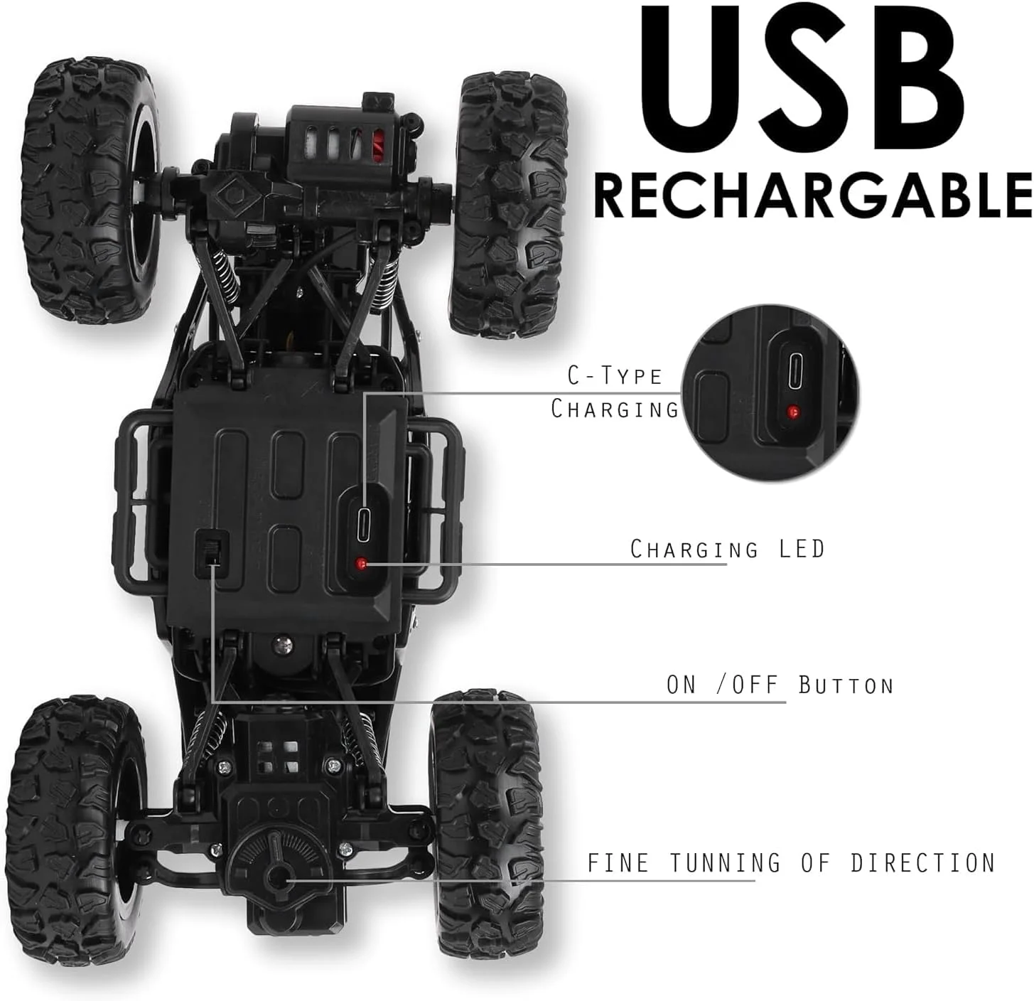 ماشین کنترلی غول پیکر، ماشین آرسی چهار چرخ محرک آفرود با افکت دود، شارژ USB، مشکی