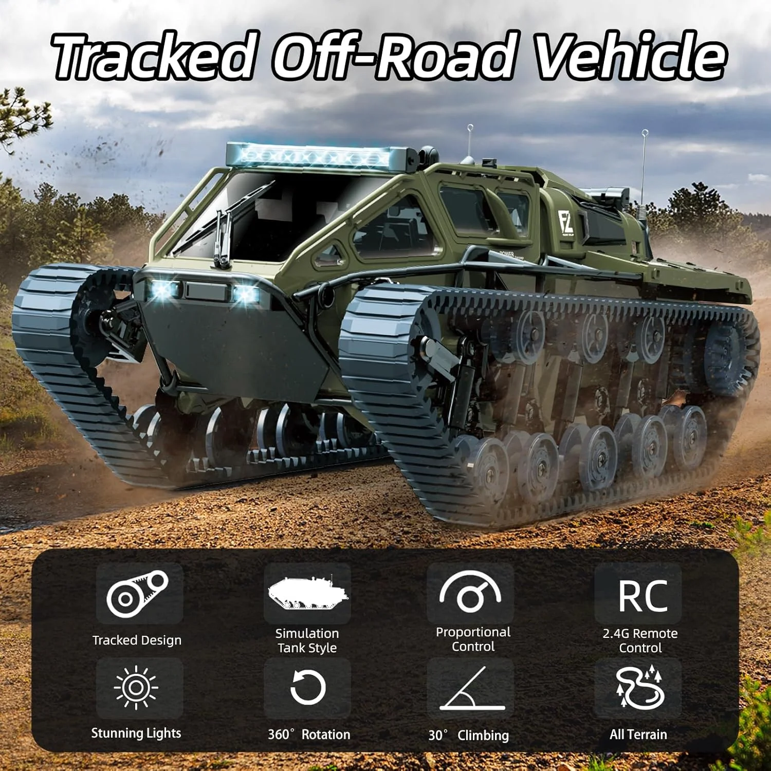 ماشین تانک کنترلی Mostop RC، تانک خزنده کنترلی با سرعت بالا در مقیاس 1:16 - کامیون نظامی آفرود با فرکانس 2.4 گیگاهرتز با 2 باتری، کامیون زرهی ارتشی با قابلیت چرخش 360 درجه و دریفت به همراه چراغ