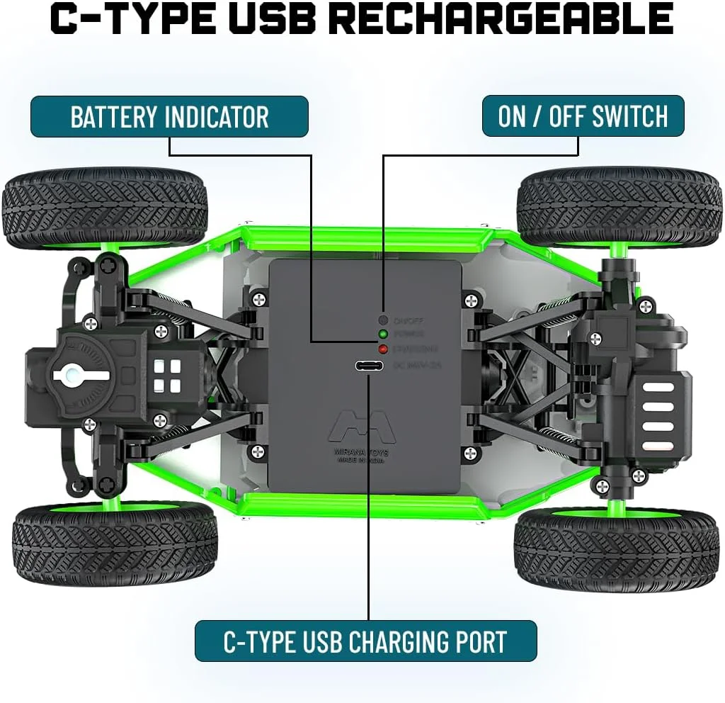 ماشین کنترلی میراانا Duster 2WD مناسب کودکان | کامیون هیولا آفرود شارژی USB Type-C با خروجی دود | ماشین صخره نورد ATV کنترلی پر سرعت | هدیه برای پسران و دختران (دود - سبز)