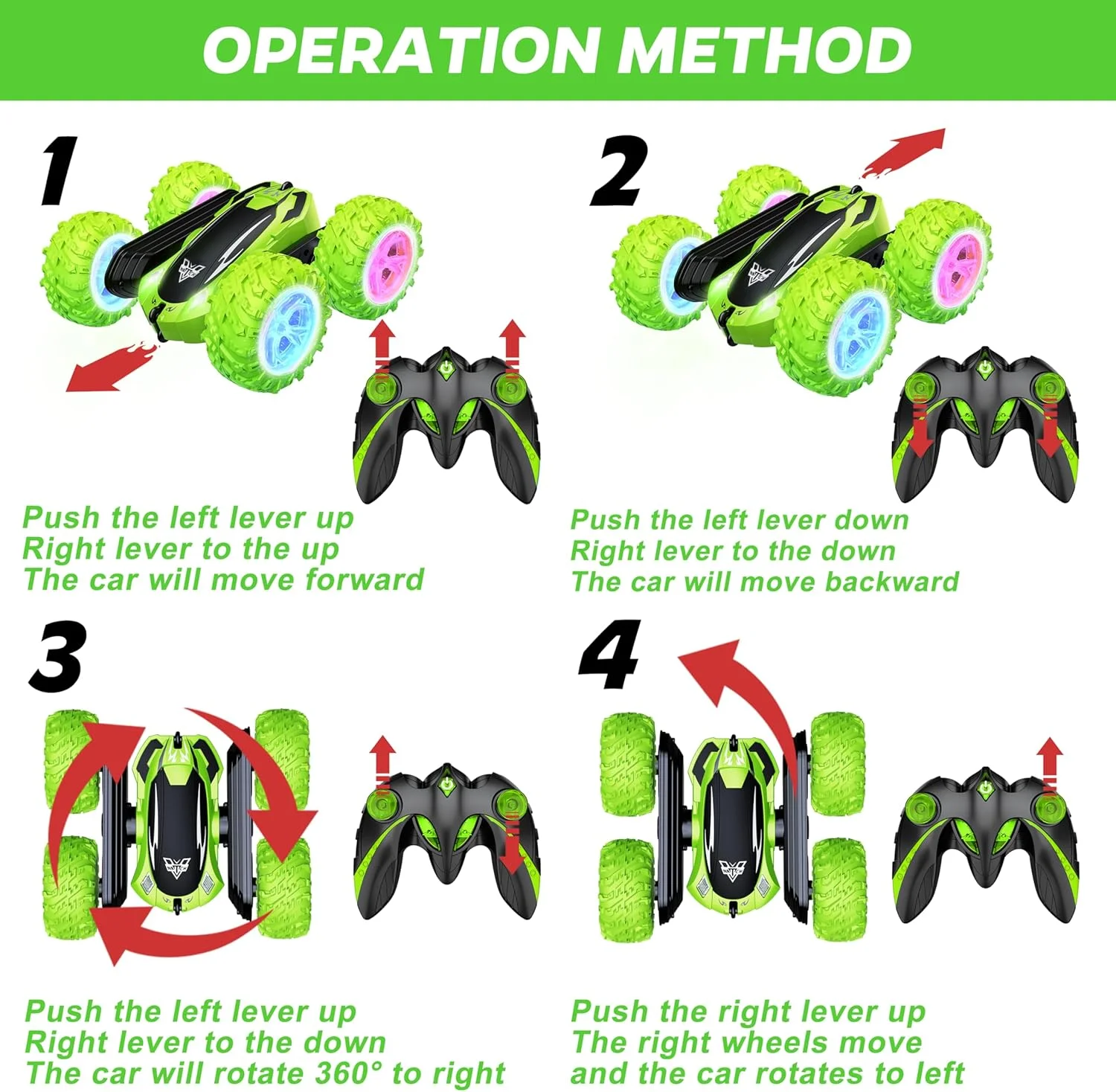ماشین کنترلی KKONES، ماشین مسابقه ای الکتریکی 2.4 گیگاهرتز، چرخش 360 درجه دو طرفه، چراغ های جلو LED، هدیه آفرود 4WD با سرعت بالا برای اسباب بازی پسرانه 3 4 5 6 7 8-12 ساله (سبز)