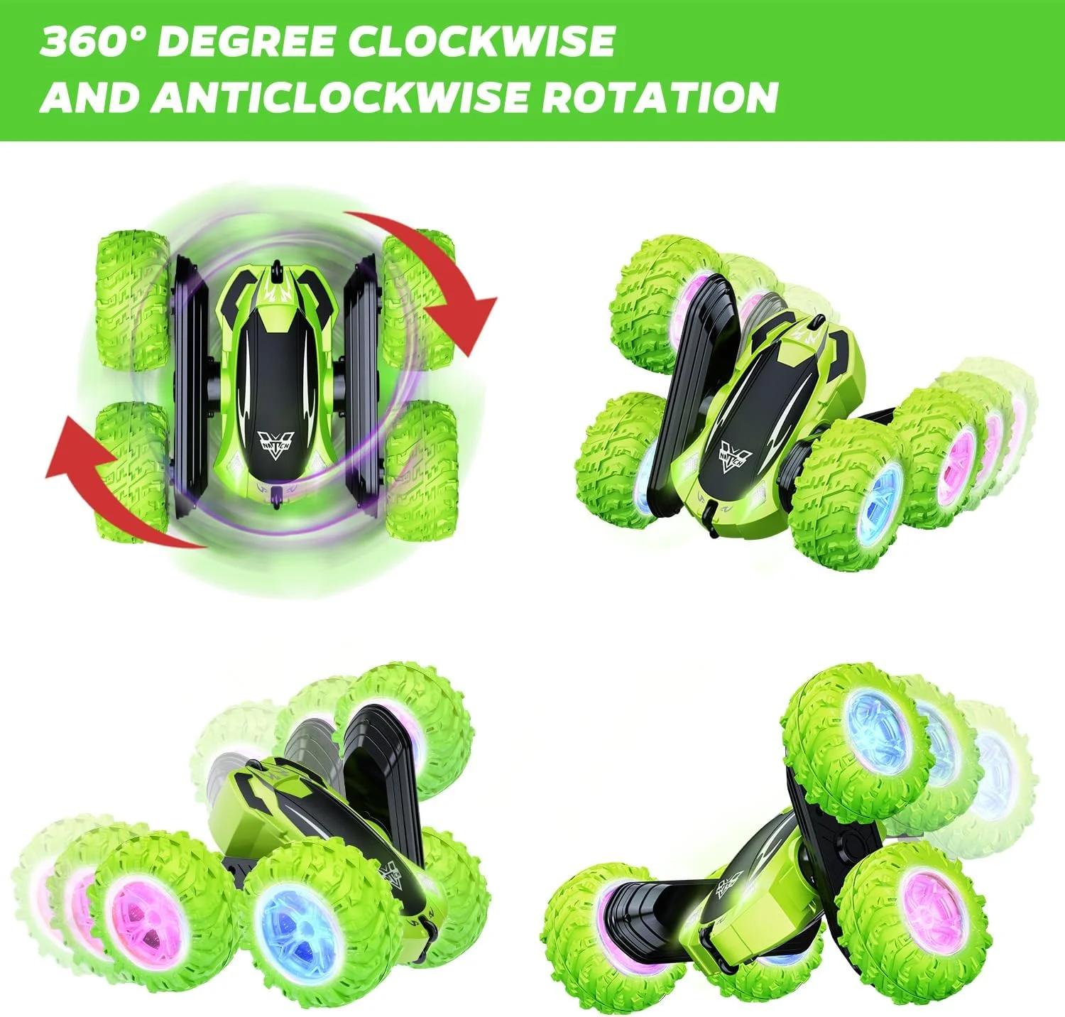 ماشین کنترلی KKONES، ماشین مسابقه ای الکتریکی 2.4 گیگاهرتز، چرخش 360 درجه دو طرفه، چراغ های جلو LED، هدیه آفرود 4WD با سرعت بالا برای اسباب بازی پسرانه 3 4 5 6 7 8-12 ساله (سبز)