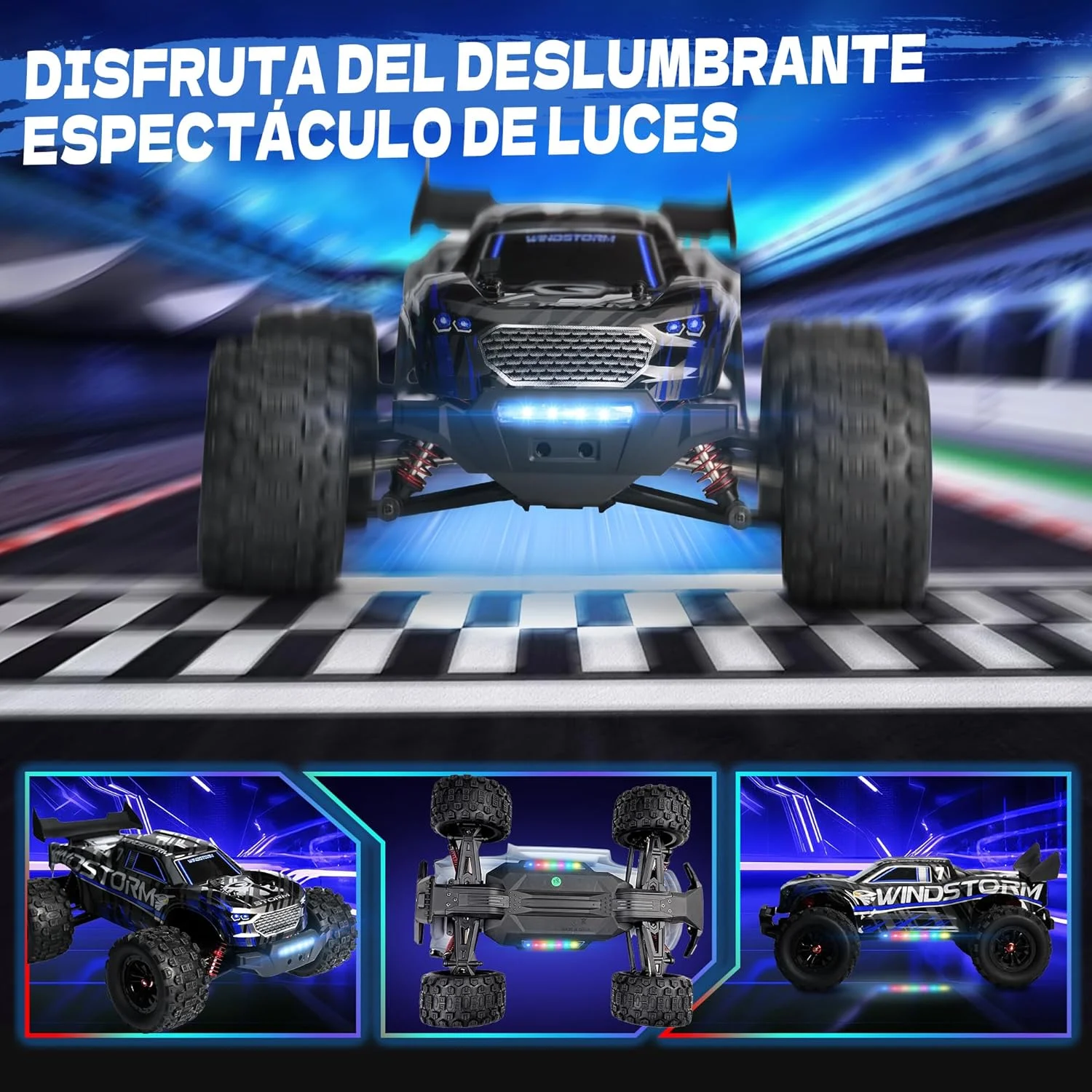 ماشین کنترلی بدون جاروبک - ماشین آرسی 4x4 با سرعت بالای 50+ کیلومتر بر ساعت، مقیاس 1:14، ضد آب، فرکانس 2.4 گیگاهرتز، دارای 16 حالت نورپردازی، مناسب برای مسیرهای خارج از جاده، به همراه 2 باتری قابل شارژ - بنفش