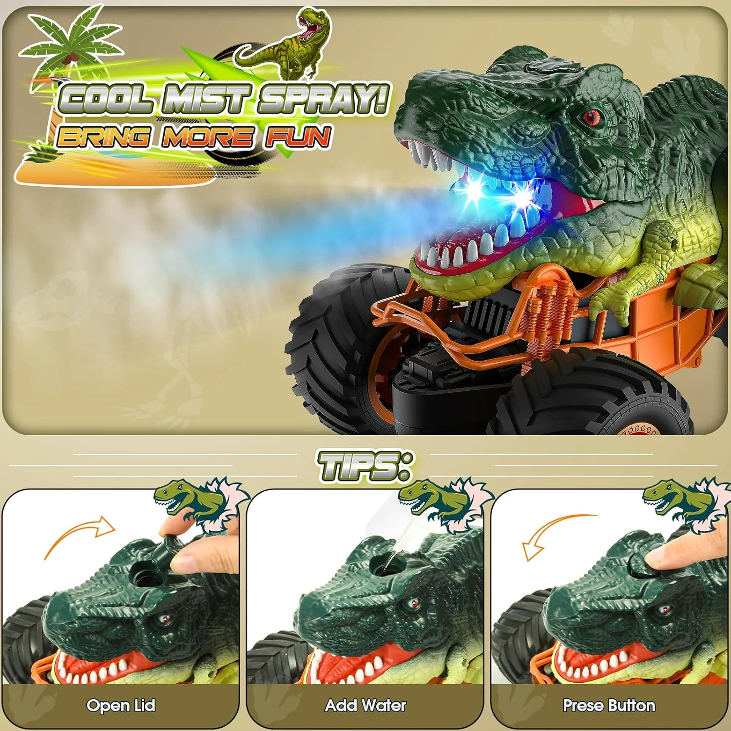 اسباب بازی ماشین دایناسور کنترلی HappyGoLucky با مه پاش، موسیقی و چراغ های LED - ماشین کنترلی برای 3-12 سال، هدیه ماشین کنترلی هیولا برای پسران 3-9 سال، هدیه عید برای کودکان