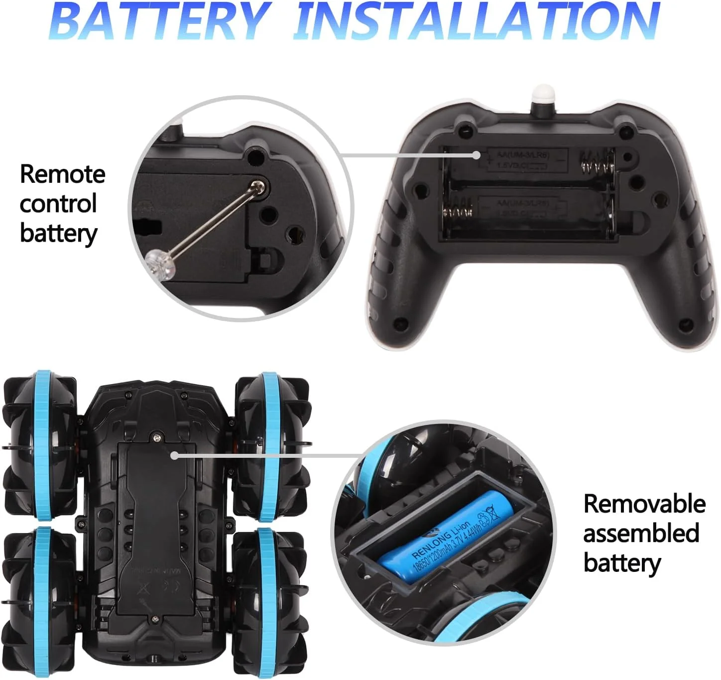 ماشین آرسی دوزیست 2.4 گیگاهرتزی، قایق کنترل از راه دور، ماشین بدلکاری ضد آب، خودرو کنترل از راه دور 4WD، اسباب بازی مناسب تمام سطوح برای ساحل، استخر، باحال ترین اسباب بازی برای کودکان 6-12 ساله (آبی)