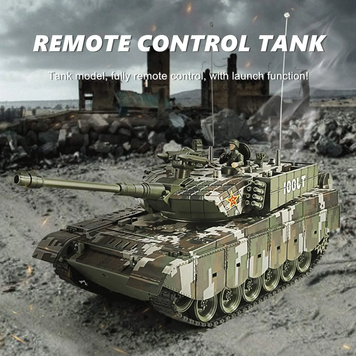 ماشین کنترلی تانک خزنده بزرگ، شارژر، خودروی کنترلی از راه دور، قابلیت پرتاب گلوله، مناسب برای ماشین های آفرود موبایل، اسباب بازی پسرانه، تانک جنگی اصلی کنترلی