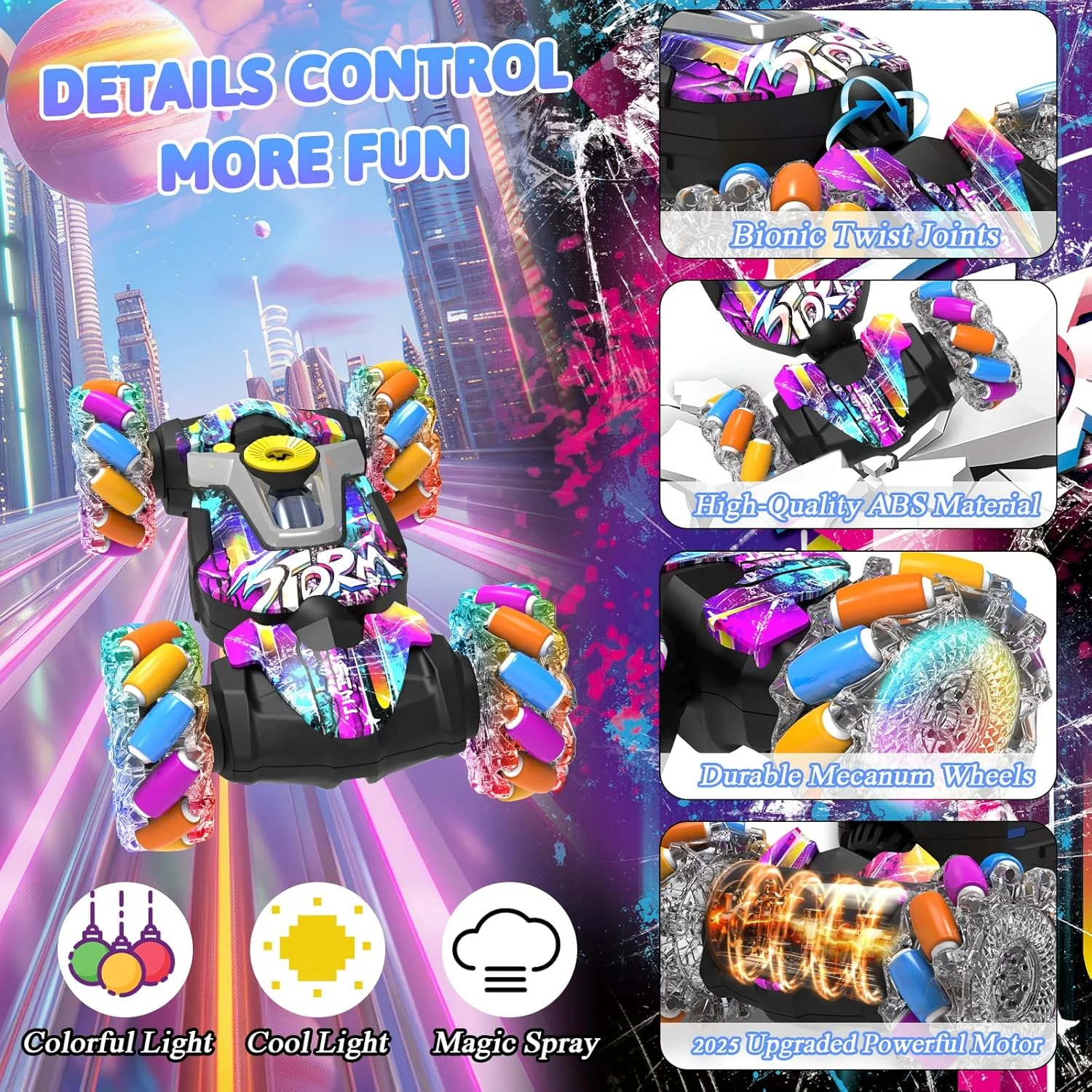 ماشین بدلکاری کنترلی با حسگر حرکتی، ماشین اسباب بازی کنترلی 2.4G برای پسران 4-7 8-12 سال، ماشین های دریفت 4WD RC با نور، موسیقی و اسپری، چرخش 360 درجه مناسب تمام زمین ها، هدیه تولد اسباب بازی برای کودکان 3-12 سال