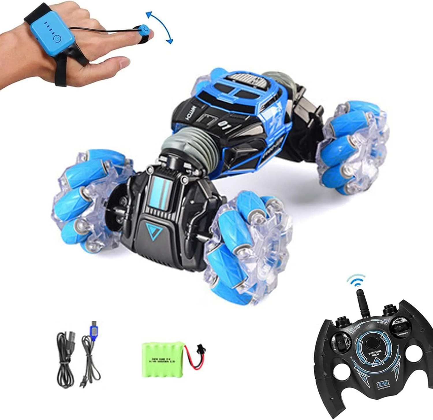 ماشین بدلکاری با کنترل حرکات دست، ماشین پیچشی کنترل از راه دور، خودروی آفرود چهار چرخ متحرک، کنترل از راه دور ارتقا یافته، کنترل حرکتی، ماشین پیچشی با جلوه های نور و صدا، هدیه ای جذاب برای آقایان (آبی)