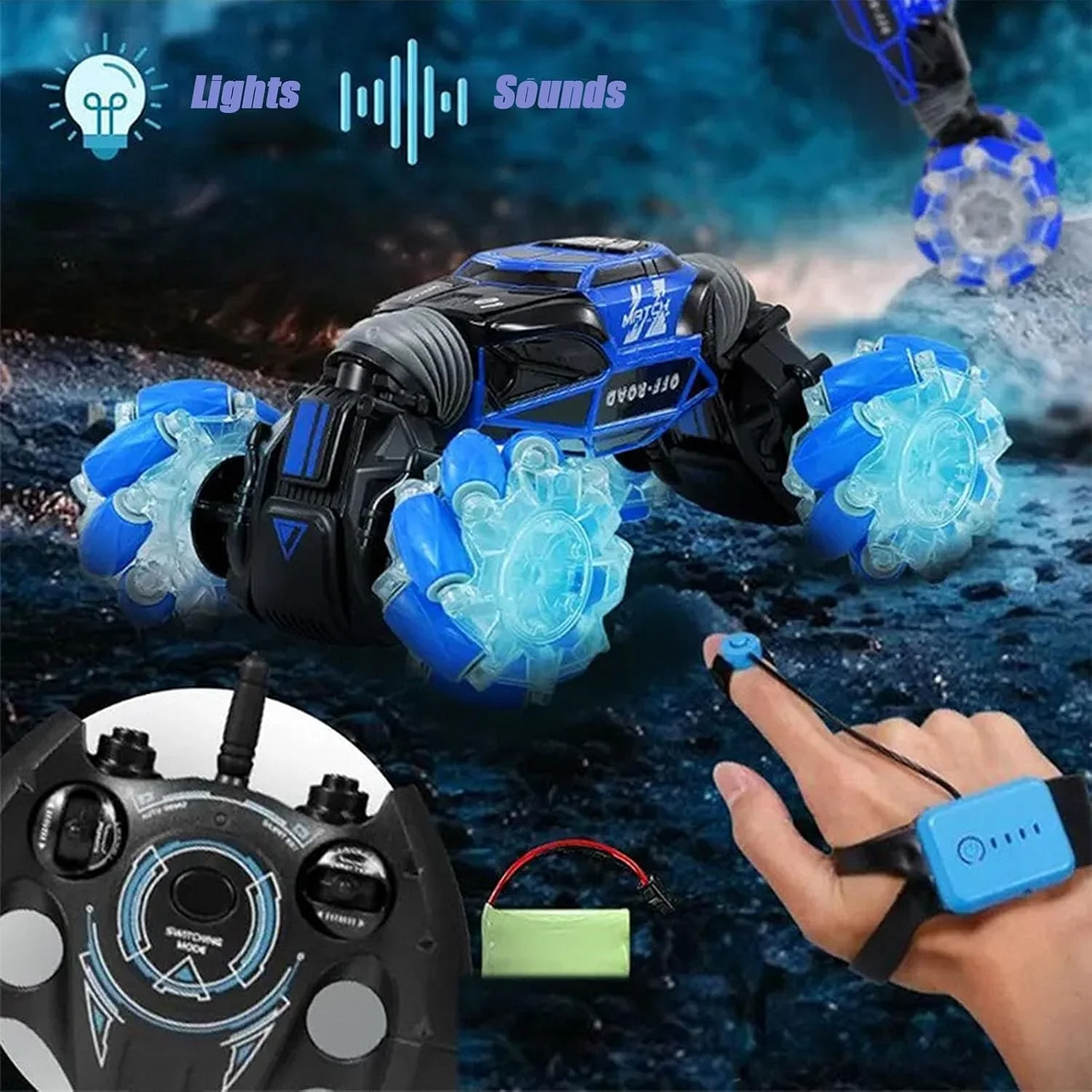 ماشین بدلکاری با کنترل حرکات دست، ماشین پیچشی کنترل از راه دور، خودروی آفرود چهار چرخ متحرک، کنترل از راه دور ارتقا یافته، کنترل حرکتی، ماشین پیچشی با جلوه های نور و صدا، هدیه ای جذاب برای آقایان (آبی)