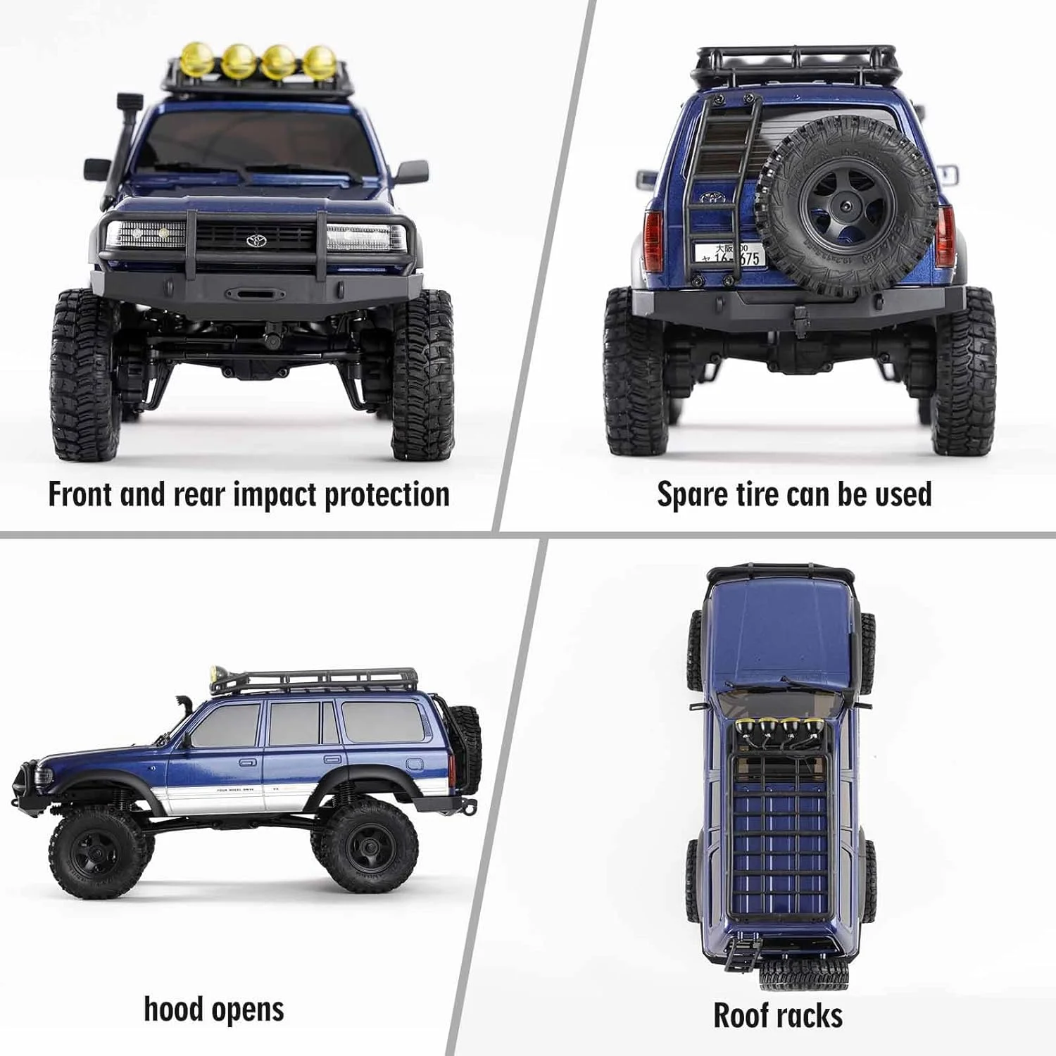 FCX18 FMS RC خزنده تویوتا کروزر LC80-1/18 کامیون های آفرود 4X4 RC صخره نورد با انتقال 2.4 گیگاهرتز، محورهای پورتال، چراغ های LED، باتری 7.4 ولت 900 میلی آمپر ساعت، شارژر USB برای بزرگسالان (آبی)
