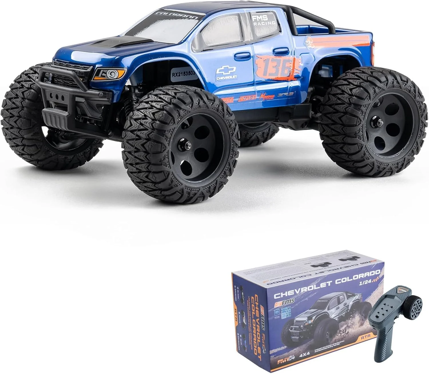 FCXㅤ FMS FMT24 1/24 شورولت کلرادو RC کامیون RTR، ماشین های RC با فرکانس 2.4 گیگاهرتز، ماشین خزنده RC آفرود 4X4 درجه سرگرمی ضد آب با موتور 370 و باتری 900 میلی آمپر ساعتی برای بزرگسالان (آبی)