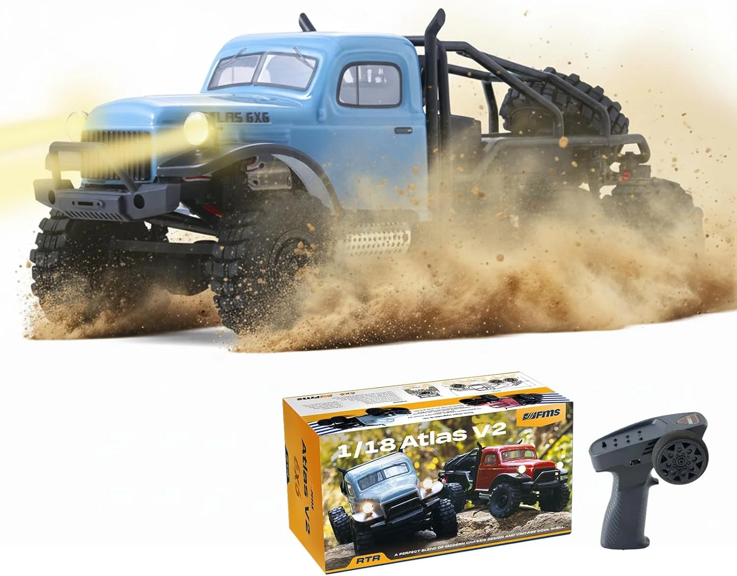 ماشین کنترلی خزنده اطلس 6x6 مدل 1/18 EAZYRC FMS RTR - ضد آب با طراحی واقع گرایانه، چراغ های LED و سیستم تمام چرخ متحرک