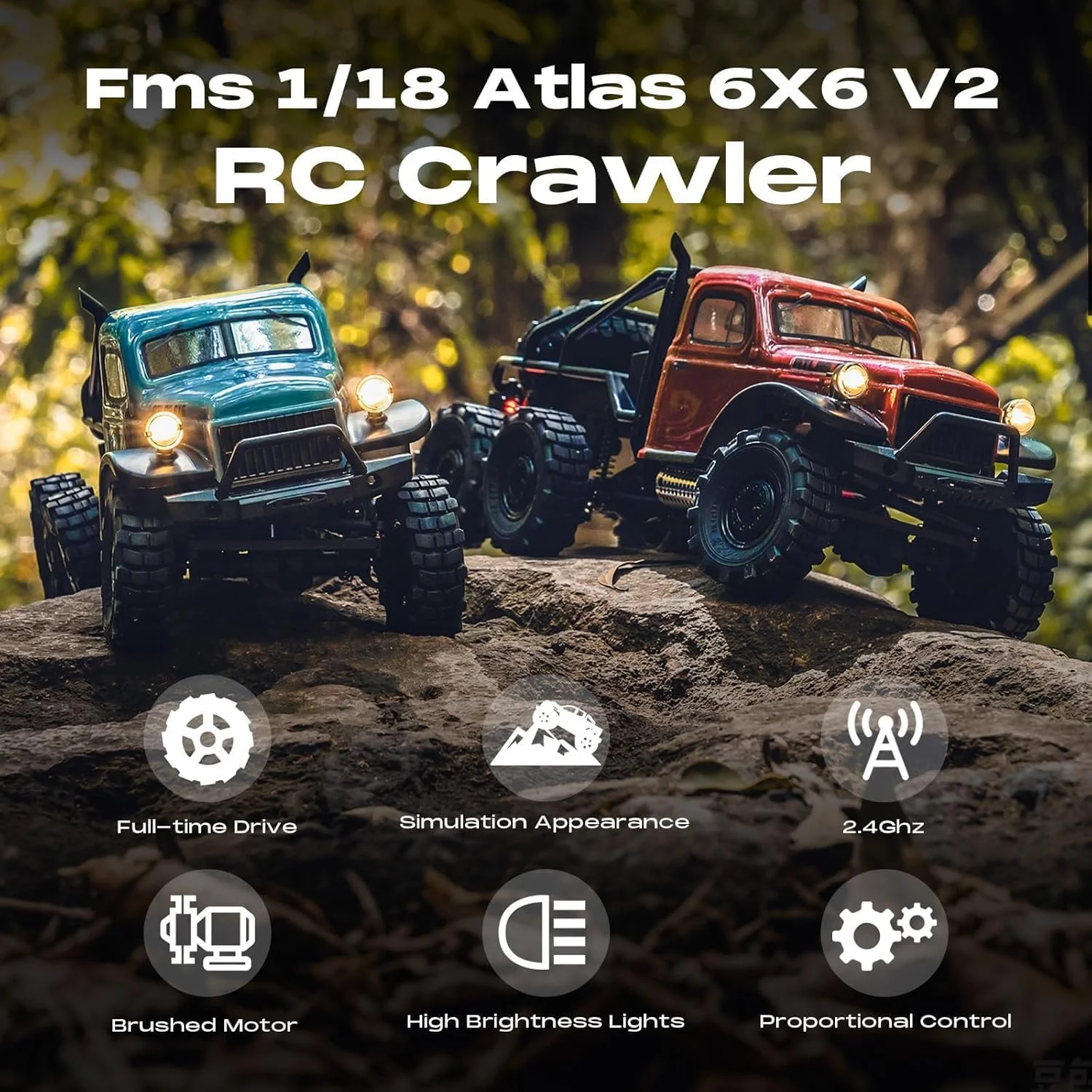 ماشین کنترلی خزنده اطلس 6x6 مدل 1/18 EAZYRC FMS RTR - ضد آب با طراحی واقع گرایانه، چراغ های LED و سیستم تمام چرخ متحرک