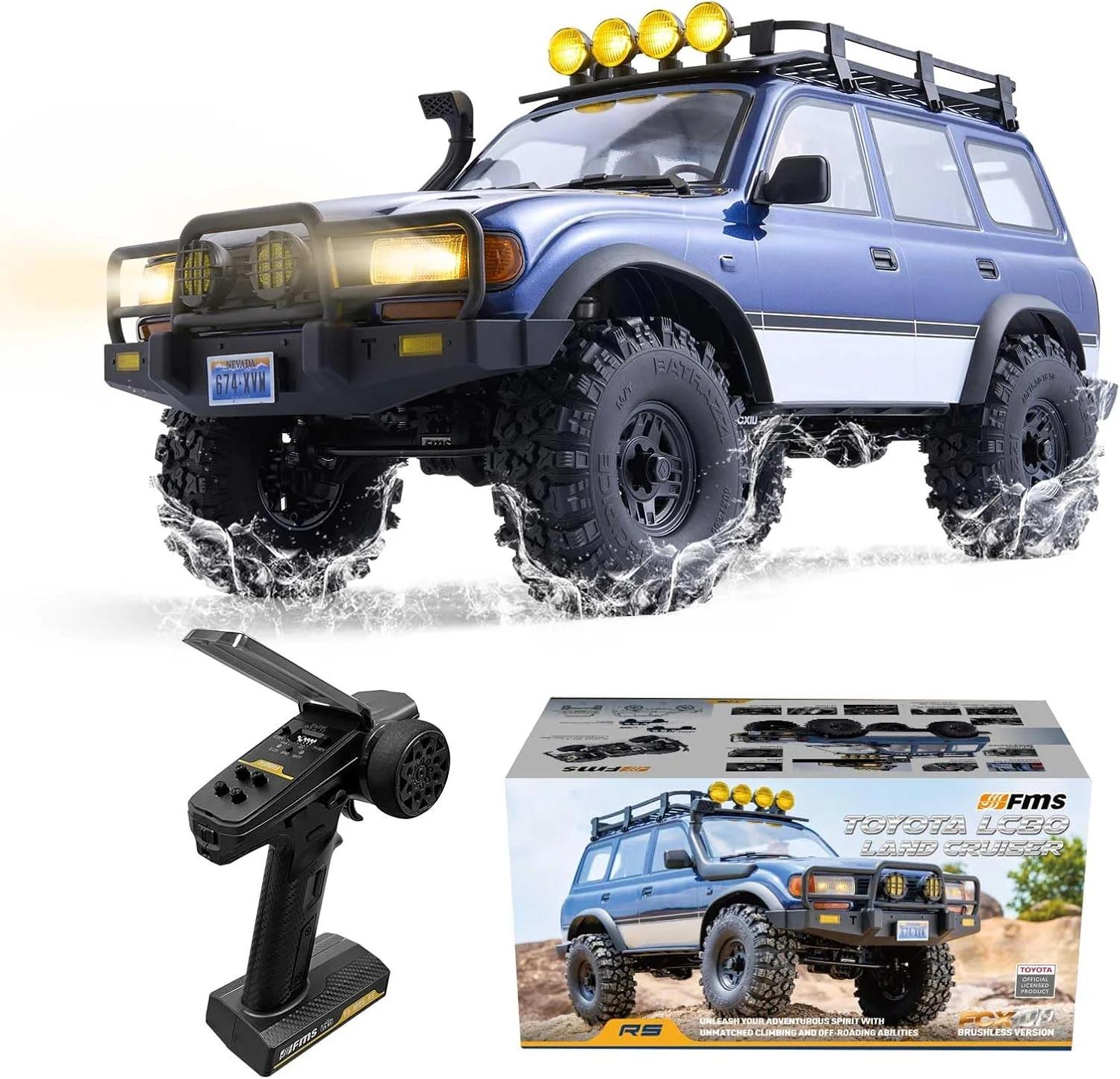 ماشین کنترلی صخره نورد EAZYRC FMS FCX10 LC80 Pro با مقیاس 1/10، دارای مجوز رسمی تویوتا، عملکرد بالا، سیستم 4X4، گیربکس دو سرعته، شاسی فلزی، چراغ های LED واقعی، ماشین کنترلی 2.4 گیگاهرتز برای بزرگسالان