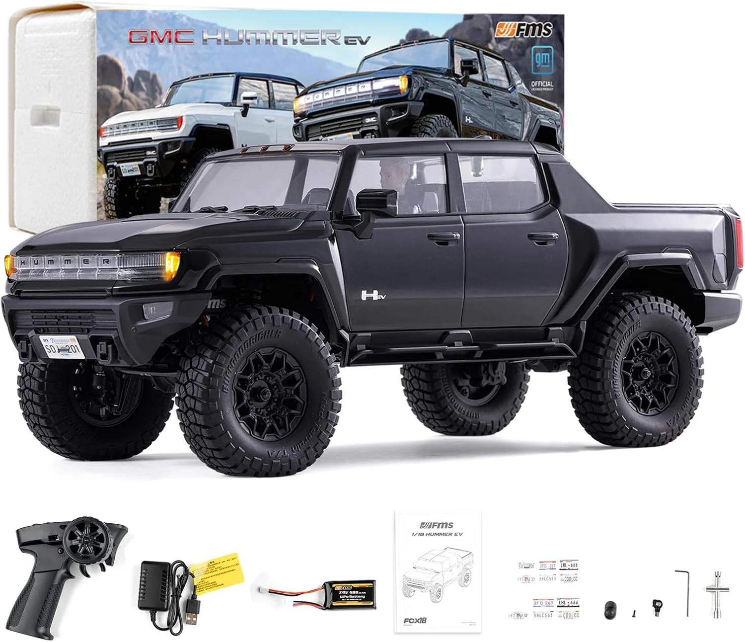 کامیون آرسی هامِر ای‌وی GMC مدل EAZYRC FMS FCX18 در مقیاس 1/18 با مجوز رسمی، خودروی صخره‌نورد 4x4 با سرعت 8+ کیلومتر بر ساعت، ماشین کنترل از راه دور پیکاپ آفرود با چراغ و شارژر USB