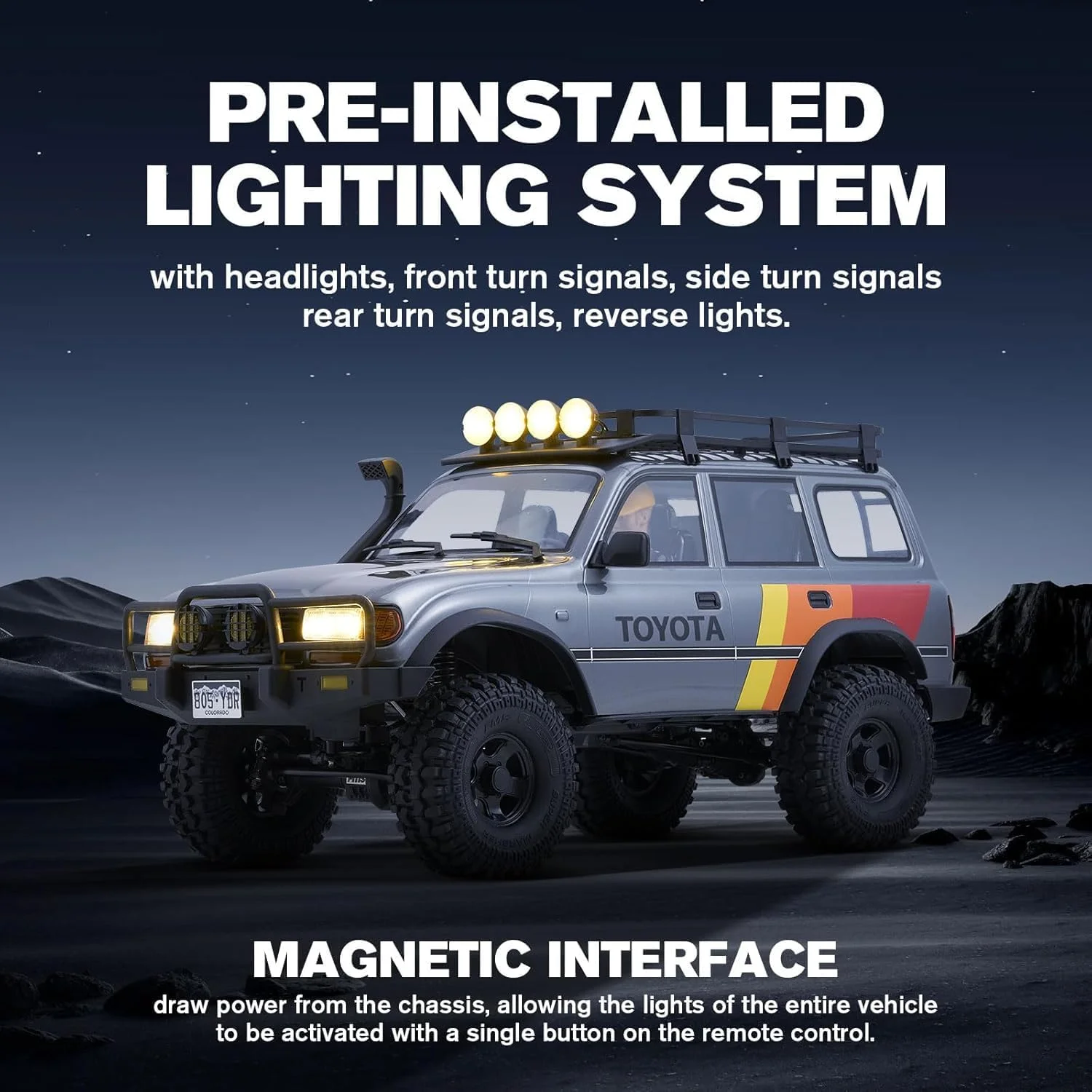 ماشین کنترلی صخره نورد EAZYRC FMS FCX10 مقیاس 1/10 مدل لندکروزر 80 - دارای مجوز رسمی تویوتا، ماشین کنترلی صخره نورد 4X4 با عملکرد بالا، دارای گیربکس دو سرعته، شاسی فلزی، چراغ های LED واقعی، ماشین کنترلی 2.4 گیگاهرتز برای بزرگسالان