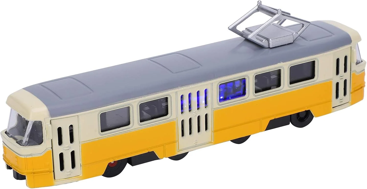 اسباب بازی ماشین آلیاژی Dpofirs با عملکرد نور و صدا، مناسب برای سنین 3 سال به بالا، مدل تزئینی ماشین در مقیاس 1:90، بادوام و پایدار (تراموای کلاسیک زرد)