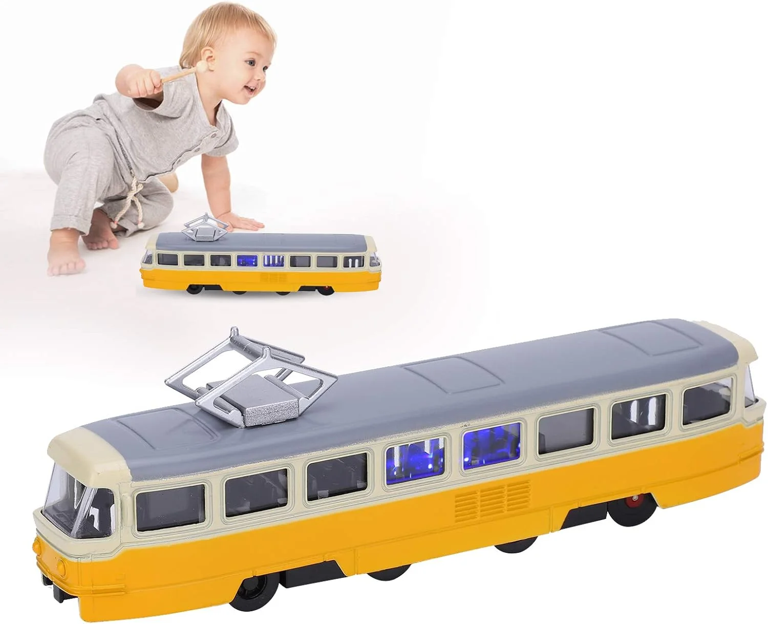 اسباب بازی ماشین آلیاژی Dpofirs با عملکرد نور و صدا، مناسب برای سنین 3 سال به بالا، مدل تزئینی ماشین در مقیاس 1:90، بادوام و پایدار (تراموای کلاسیک زرد)