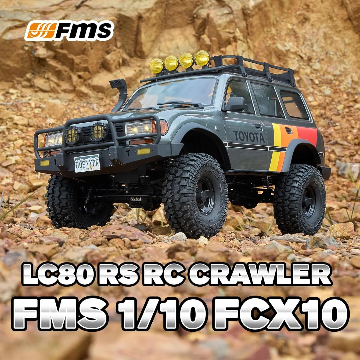 ماشین خزنده آرسی FMS 1/10 LC80، ماشین صخره نوردی آرسی FCX10 Toyota با نورپردازی، ماشین آرسی آفرود مناسب بزرگسالان، مدل RS نیازمند تکمیل (خاکستری)