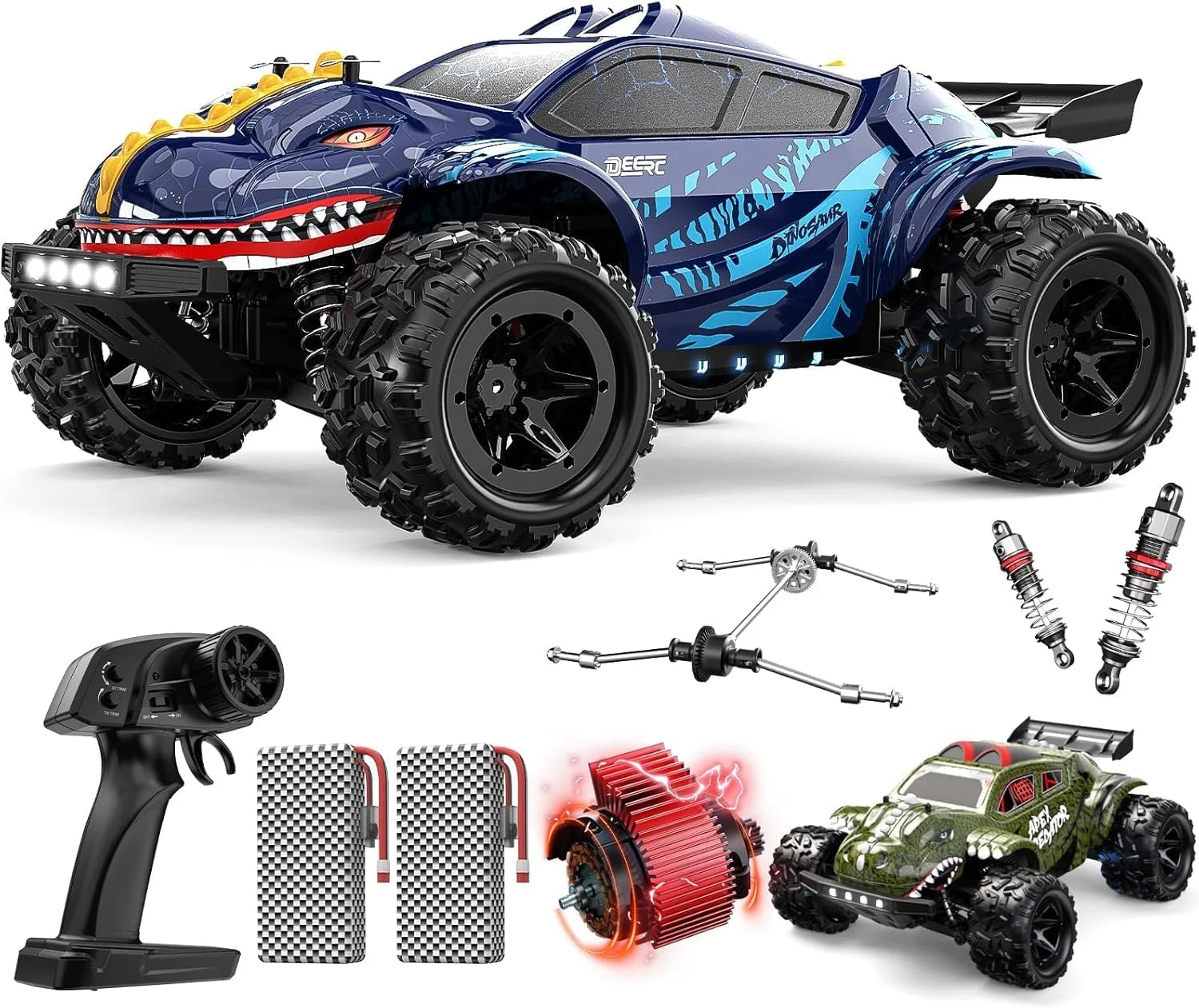 ماشین کنترلی DEERC 9308E مقیاس 1:16، کامیون هیولا با سرعت 40 کیلومتر بر ساعت، کامیون دایناسوری کنترلی 4WD با سرعت بالا، 2.4 گیگاهرتز آفرود با 2 باتری و 2 جعبه برای پسران