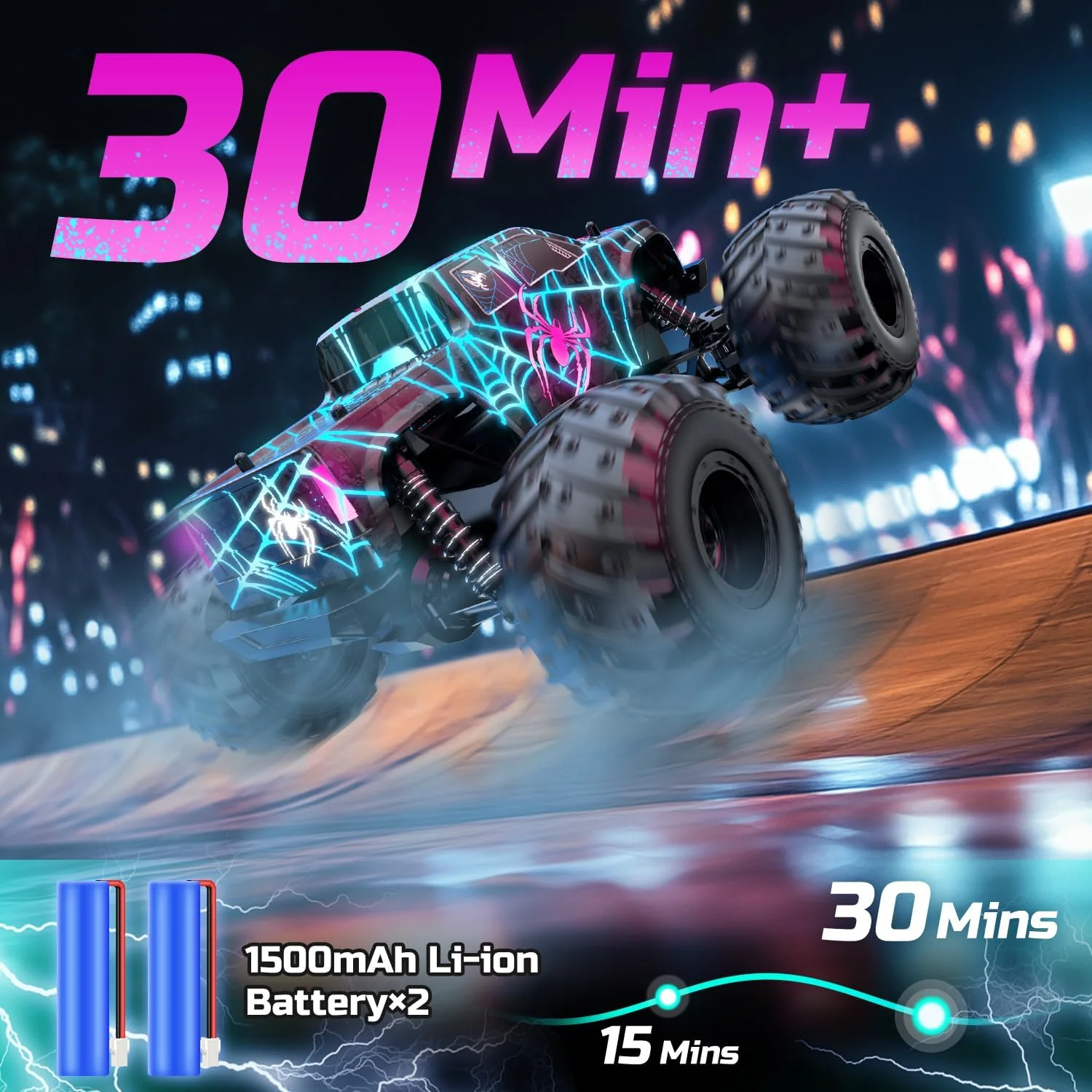 ماشین کنترلی DEERC مدل عنکبوتی نورانی، مقیاس 1:16، سرعت تا 15 کیلومتر بر ساعت، 30 دقیقه زمان بازی، کامیون هیولای عنکبوتی 2.4 گیگاهرتزی مناسب تمام سطوح - هدیه برای کودکان 6 7 8 9 ساله