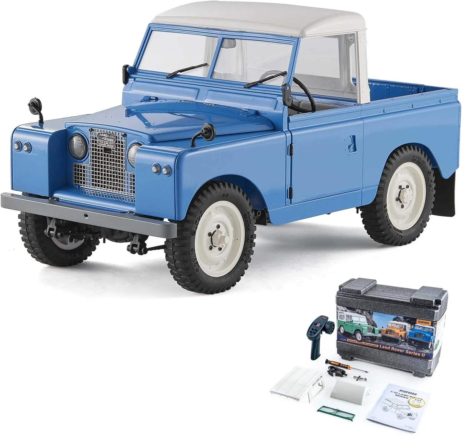 ماشین کنترلی FMS Land Rover Series II مقیاس 1/12، پیکاپ و ون و کانورتیبل 3 در 1 با کلید 2 سرعته، چهار چرخ متحرک، چراغ های LED، مدل RC برای بزرگسالان (آبی)