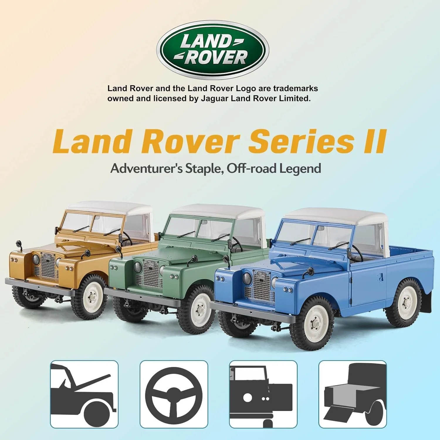 ماشین کنترلی FMS Land Rover Series II مقیاس 1/12، پیکاپ و ون و کانورتیبل 3 در 1 با کلید 2 سرعته، چهار چرخ متحرک، چراغ های LED، مدل RC برای بزرگسالان (آبی)