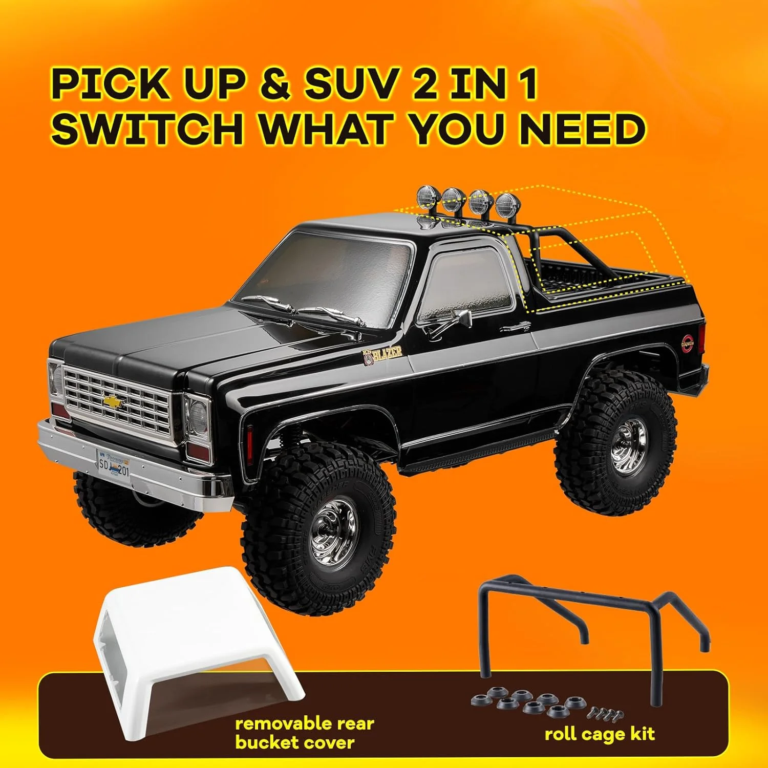 FCX10 FMS 1/10 K5 RC خزنده شورلت بلیزر دارای مجوز رسمی، ماشین RC پیکاپ و SUV، ماشین کنترل از راه دور 11 کاناله 2.4 گیگاهرتزی با گیربکس دو سرعته برای بزرگسالان (نارنجی)