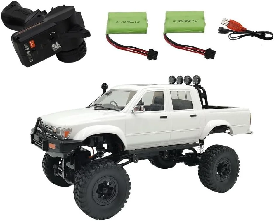 کامیون آرسی دبلیو پی ال مدل C64-1، مقیاس 1/16، پیکاپ آفرود 4WD با کنترل کامل، حرکت به جلو و عقب، ترمز، 2 باتری، ریموت 2.4 گیگاهرتز، ماشین آرسی سفید برای بزرگسالان و نوجوانان